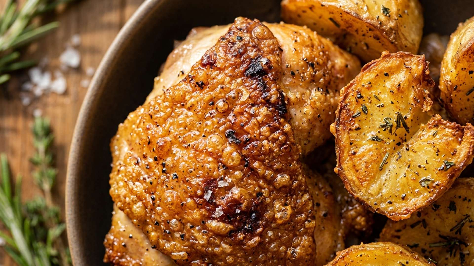 Macro close-up of crackling golden chicken skin and a crisp potato edge