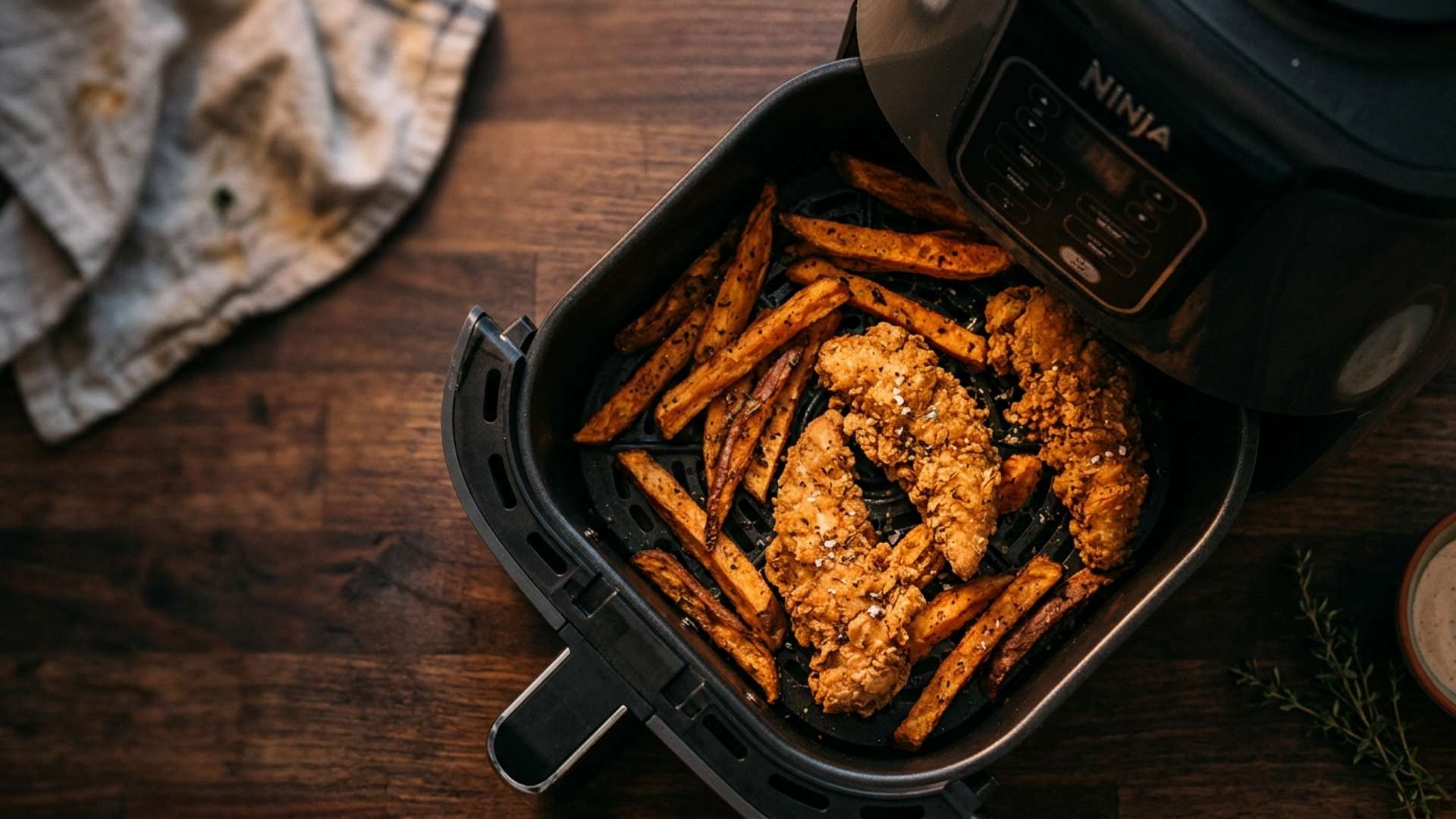 Matte black air fryer on a wooden counter at dusk with the basket half-open
