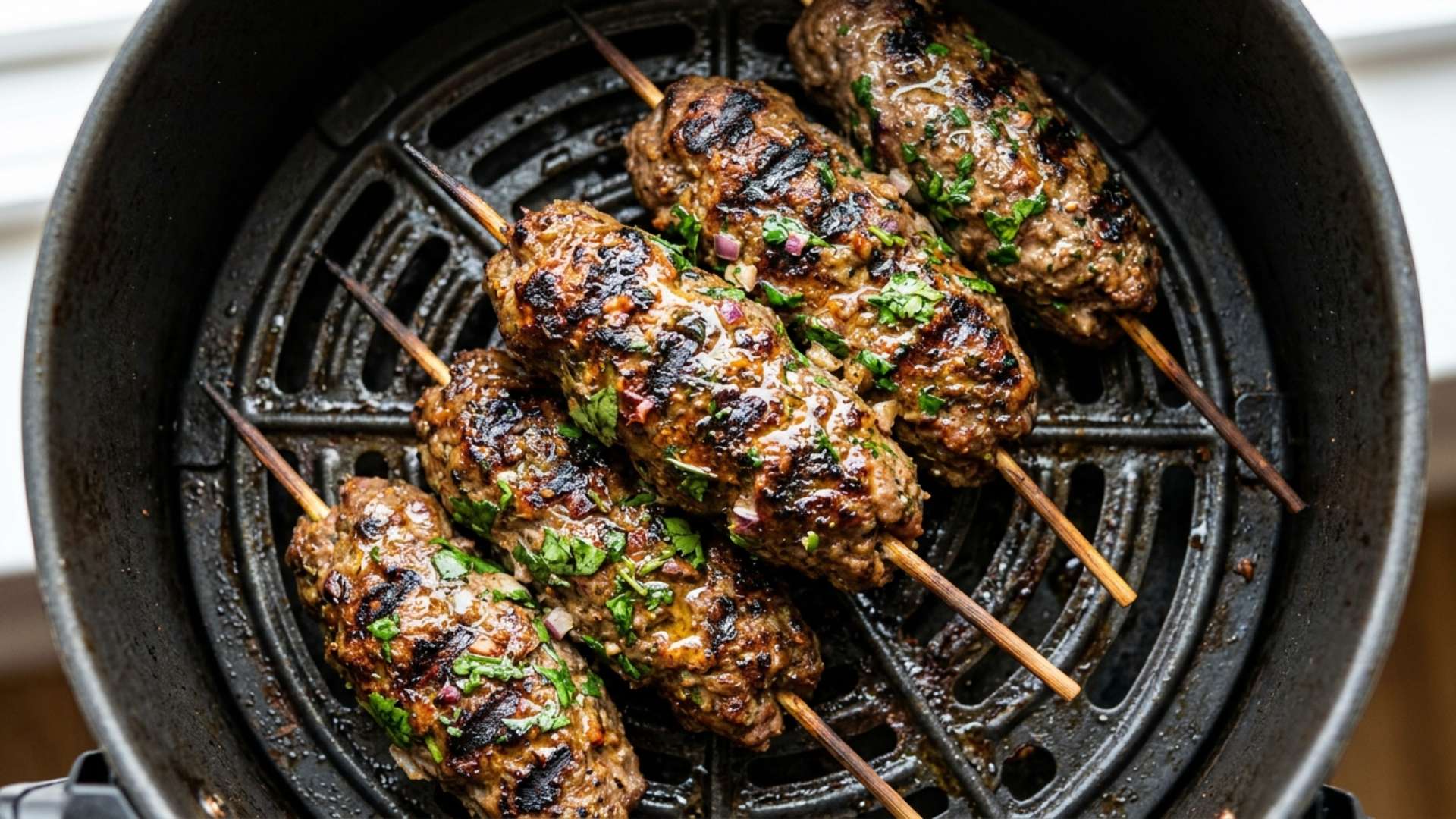 Air-fried Moroccan-style kefta skewers