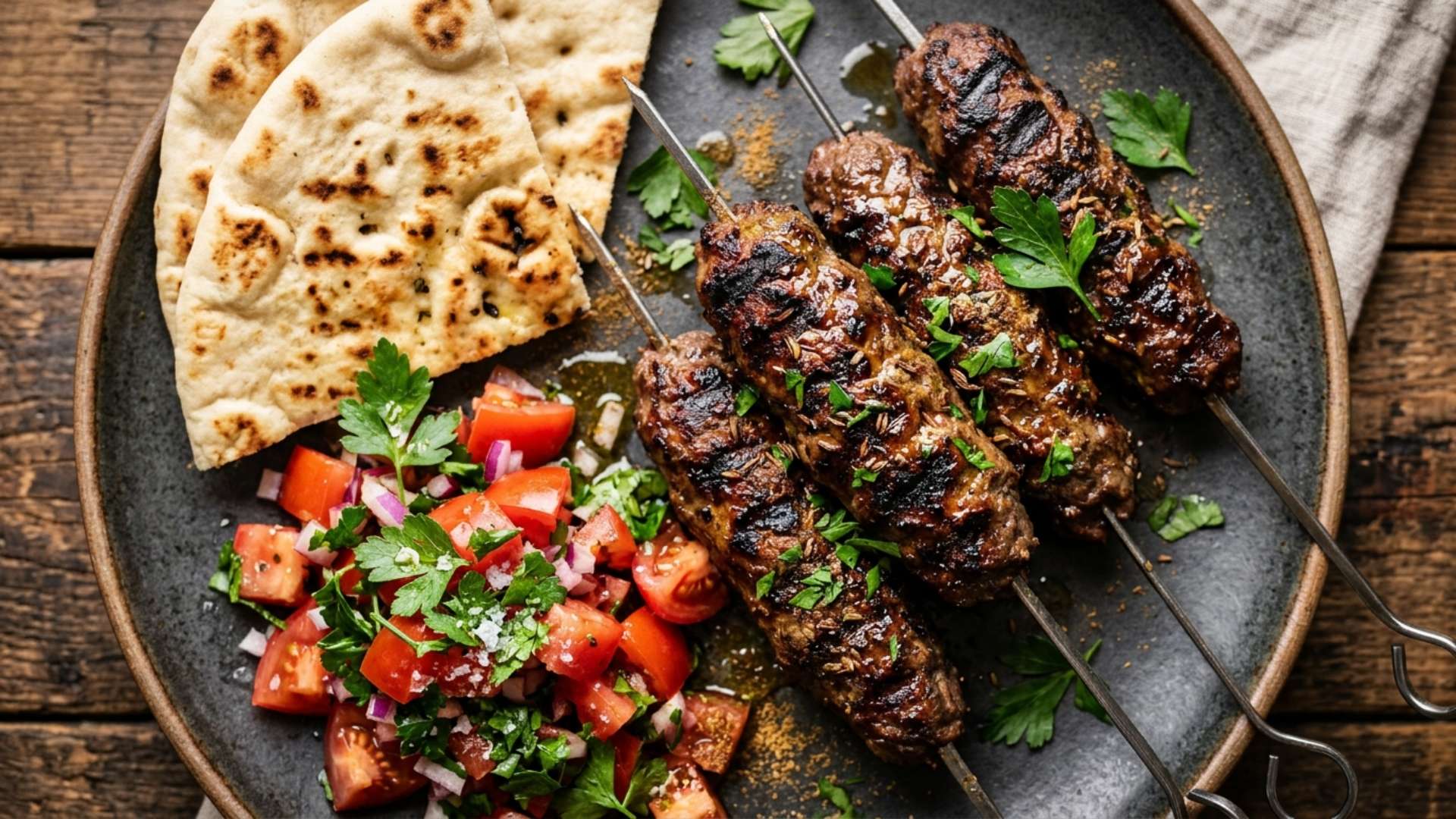 Moroccan-style kefta skewers with charred edges, flatbread and tomato salad