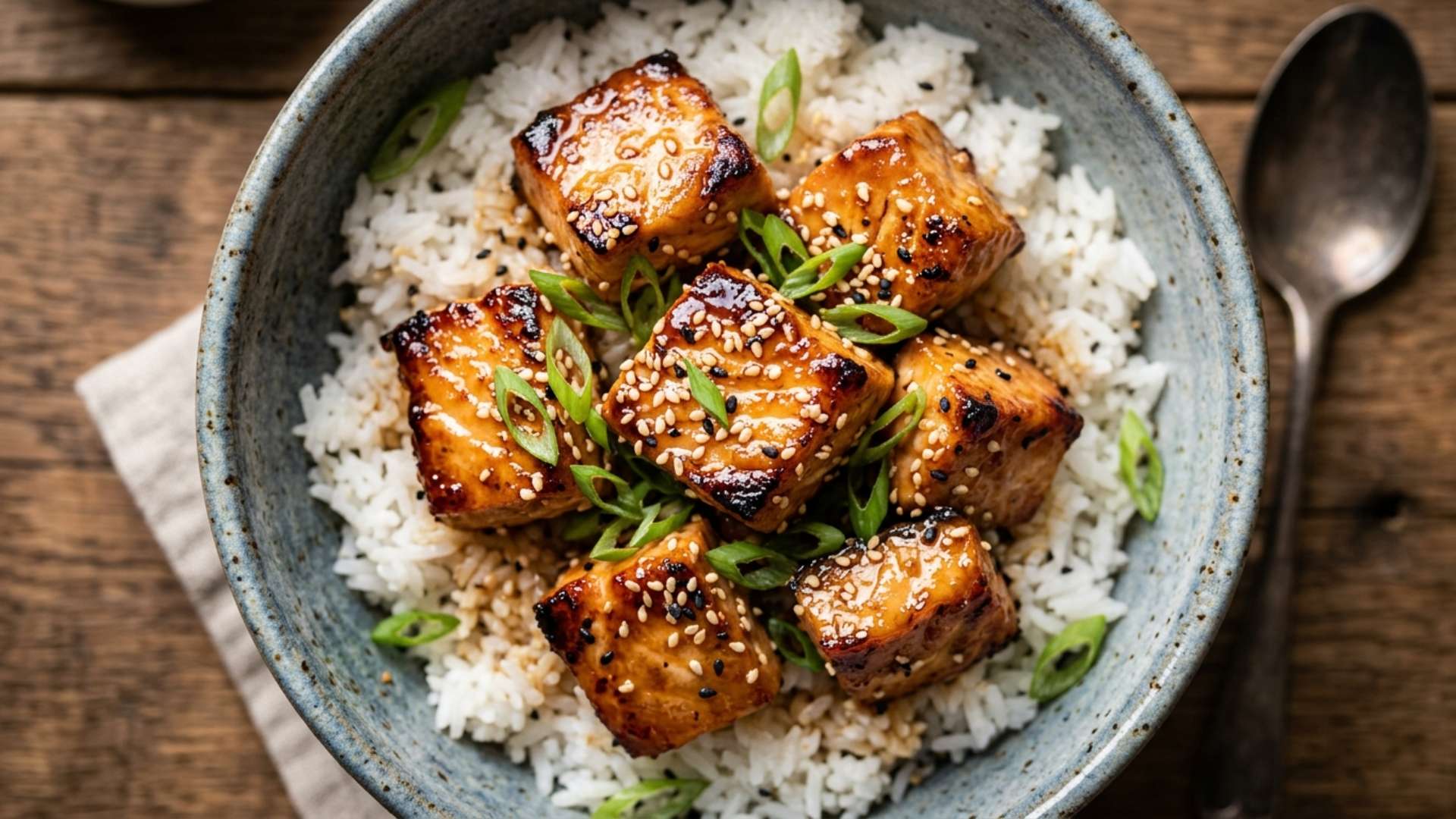 Overhead of honey-garlic salmon bites in a ceramic bowl with rice, sesame seeds and scallions