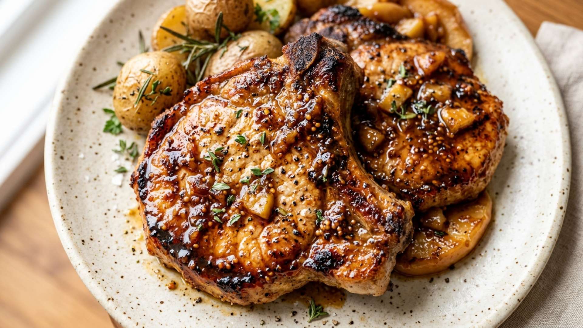 Air fryer pork chops with an apple-mustard glaze