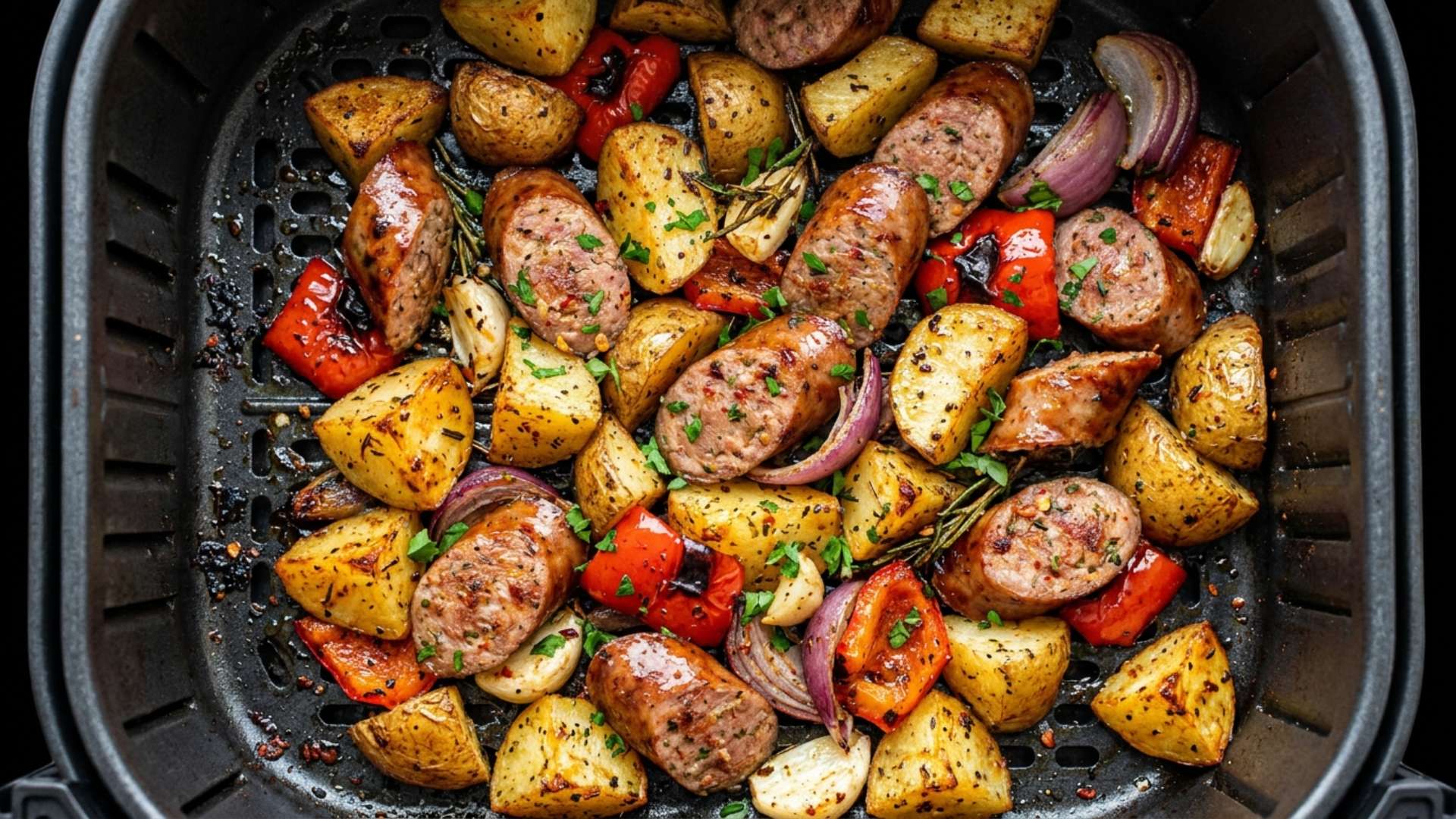 Sausages and crispy baby potatoes with rosemary from one air fryer basket