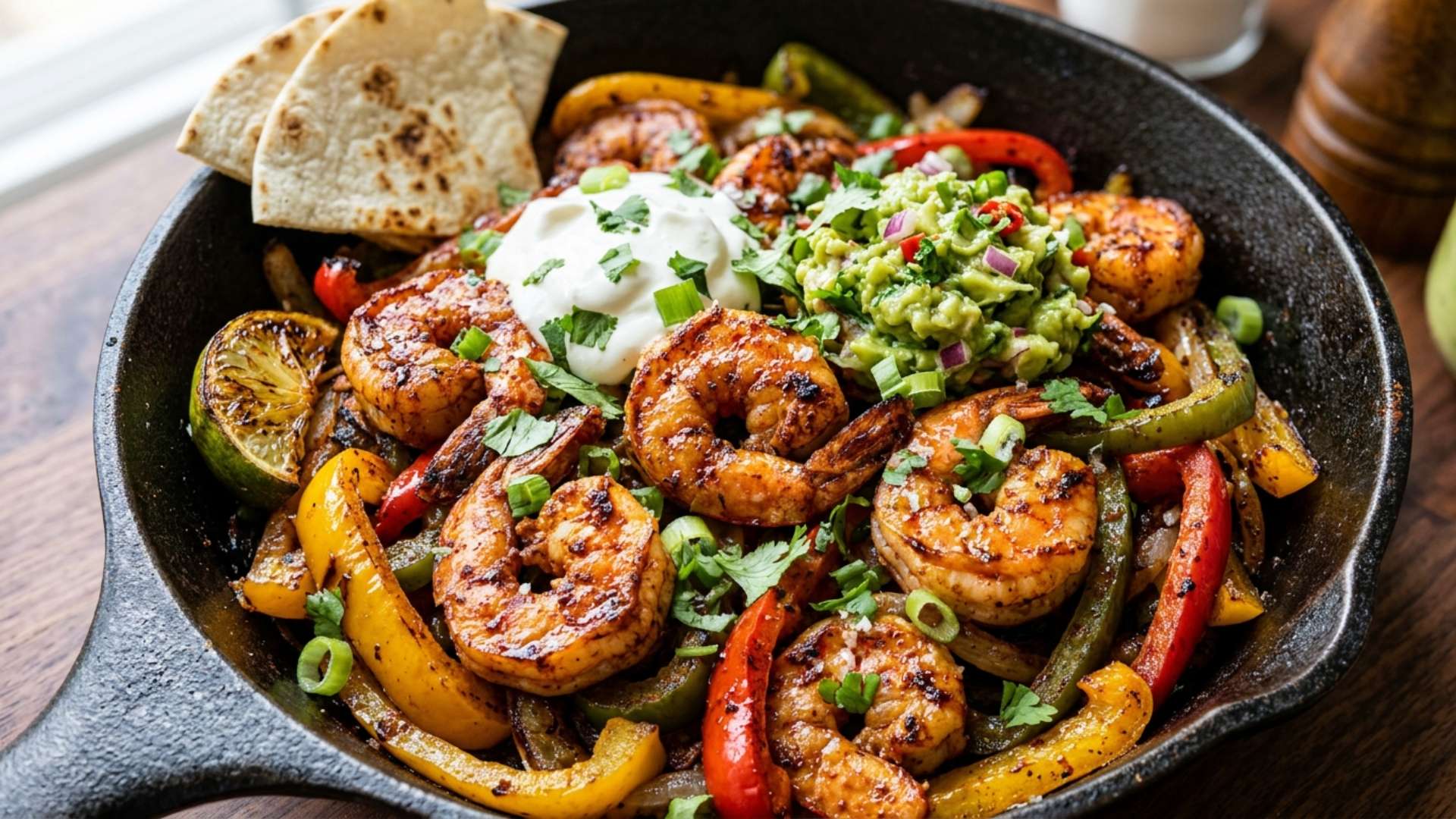 Air fryer shrimp fajitas with charred peppers and onion