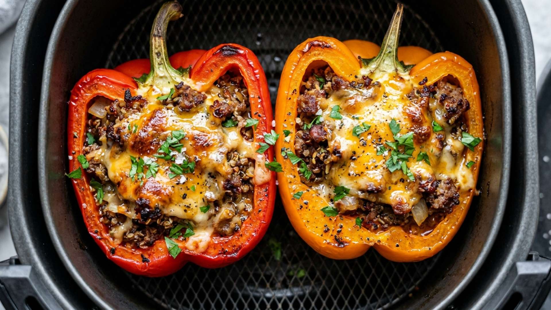 Air fryer stuffed bell peppers with rice, beans and melted cheese