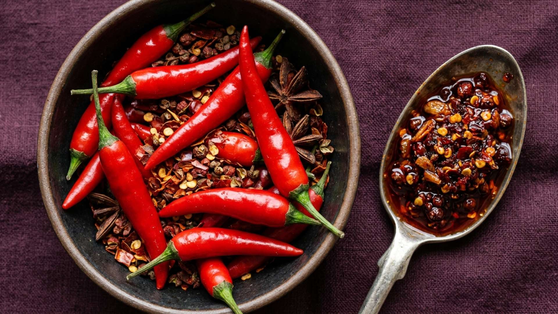 A bowl of red chili peppers and a spoon of chili crisp on dark plum linen