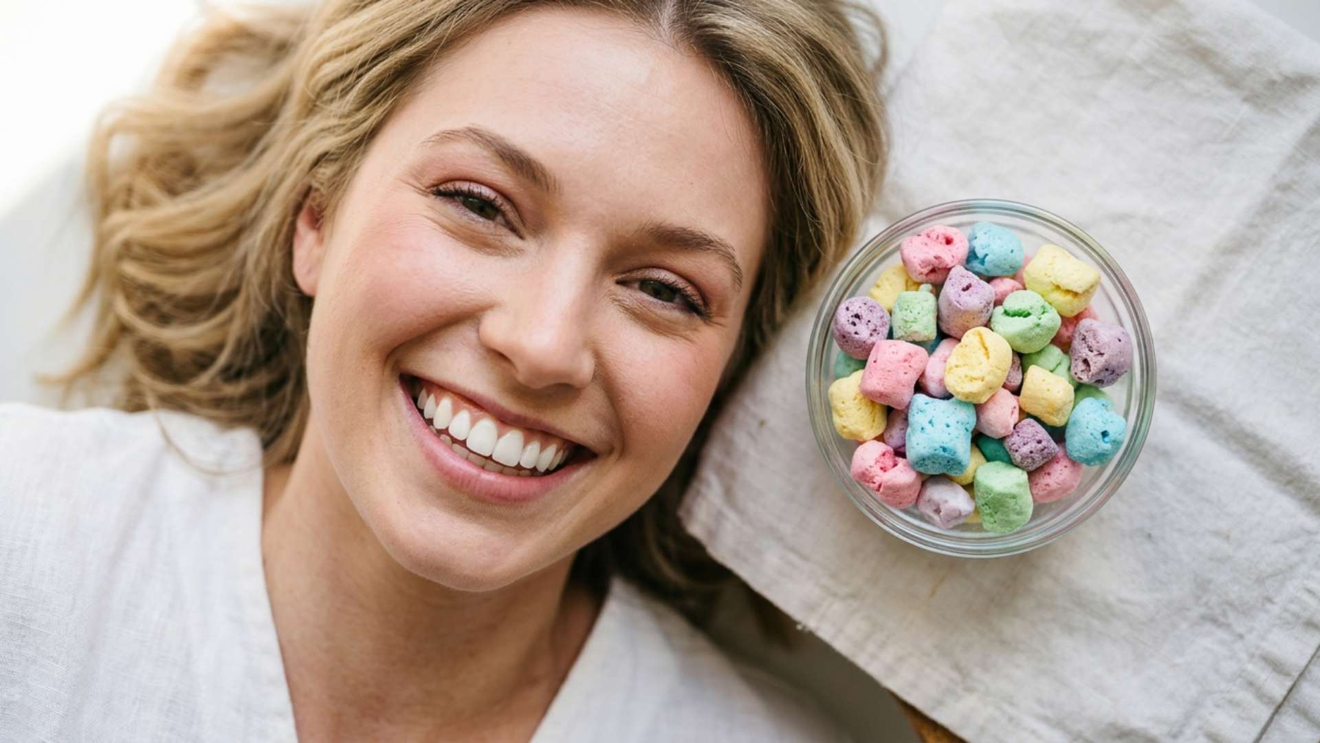 A bright smile beside a small glass bowl of pastel freeze-dried candy in clean editorial dental styling