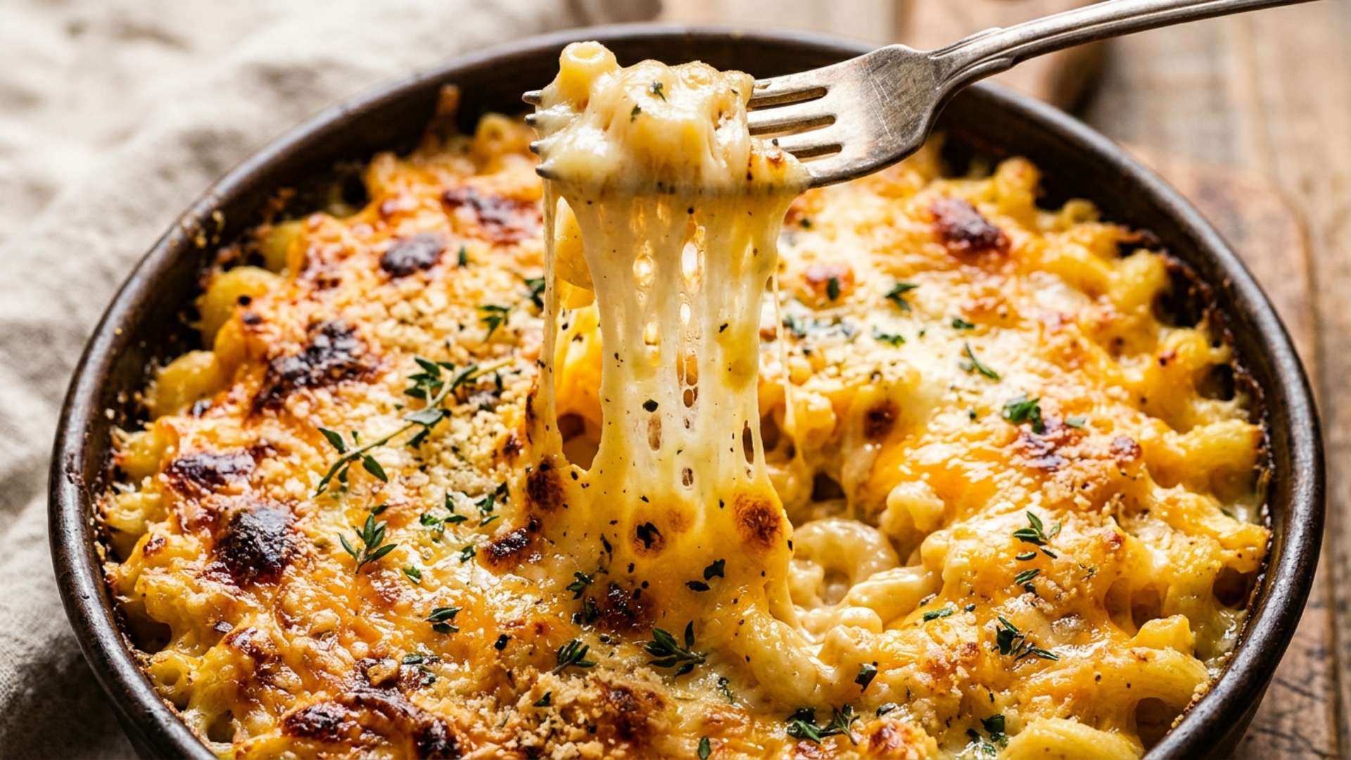 A fork pulling a long cheese stretch from bubbling baked mac and cheese