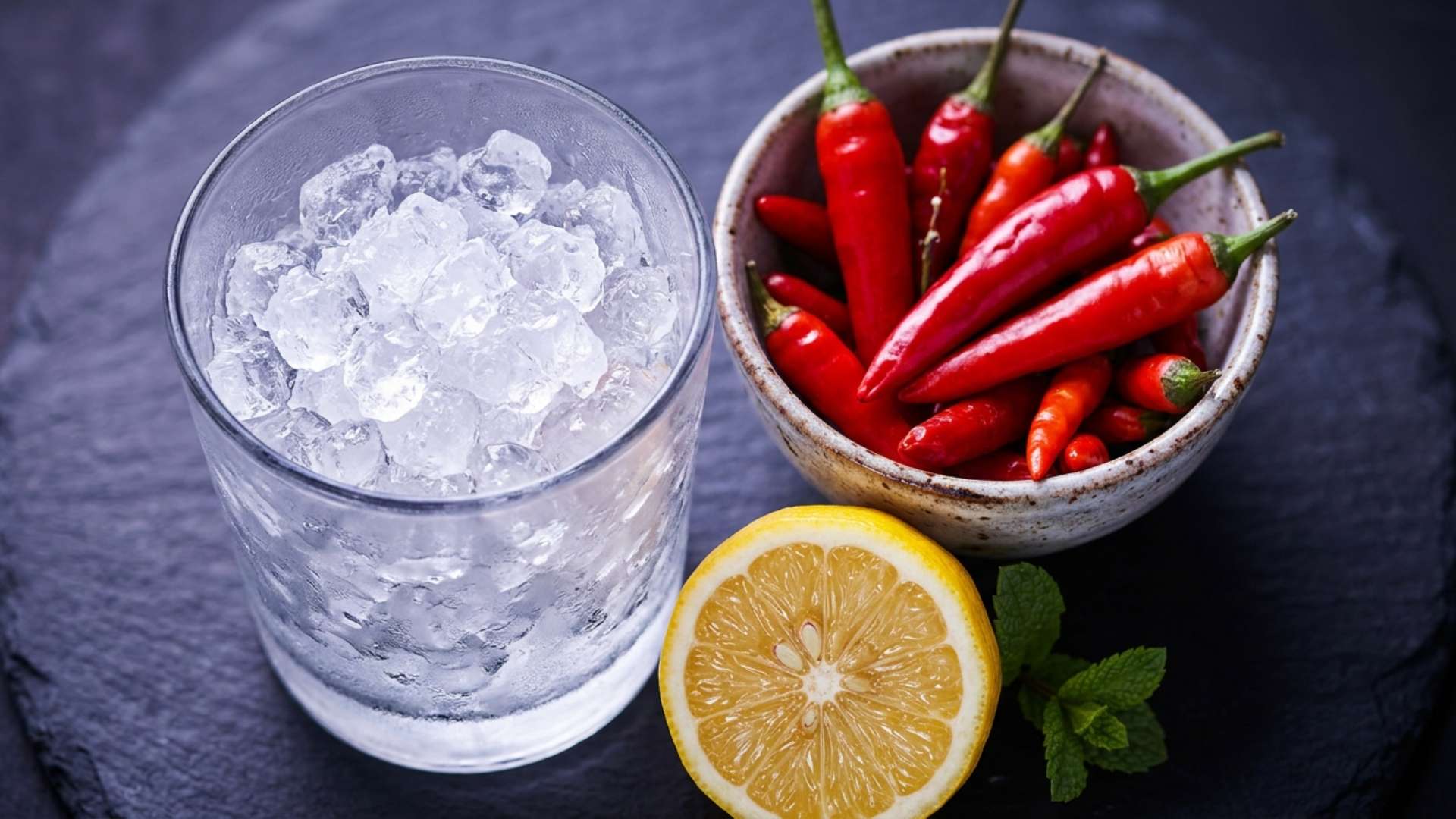 A glass tumbler of crushed ice, a bowl of red chili peppers and a halved lemon in cool violet light
