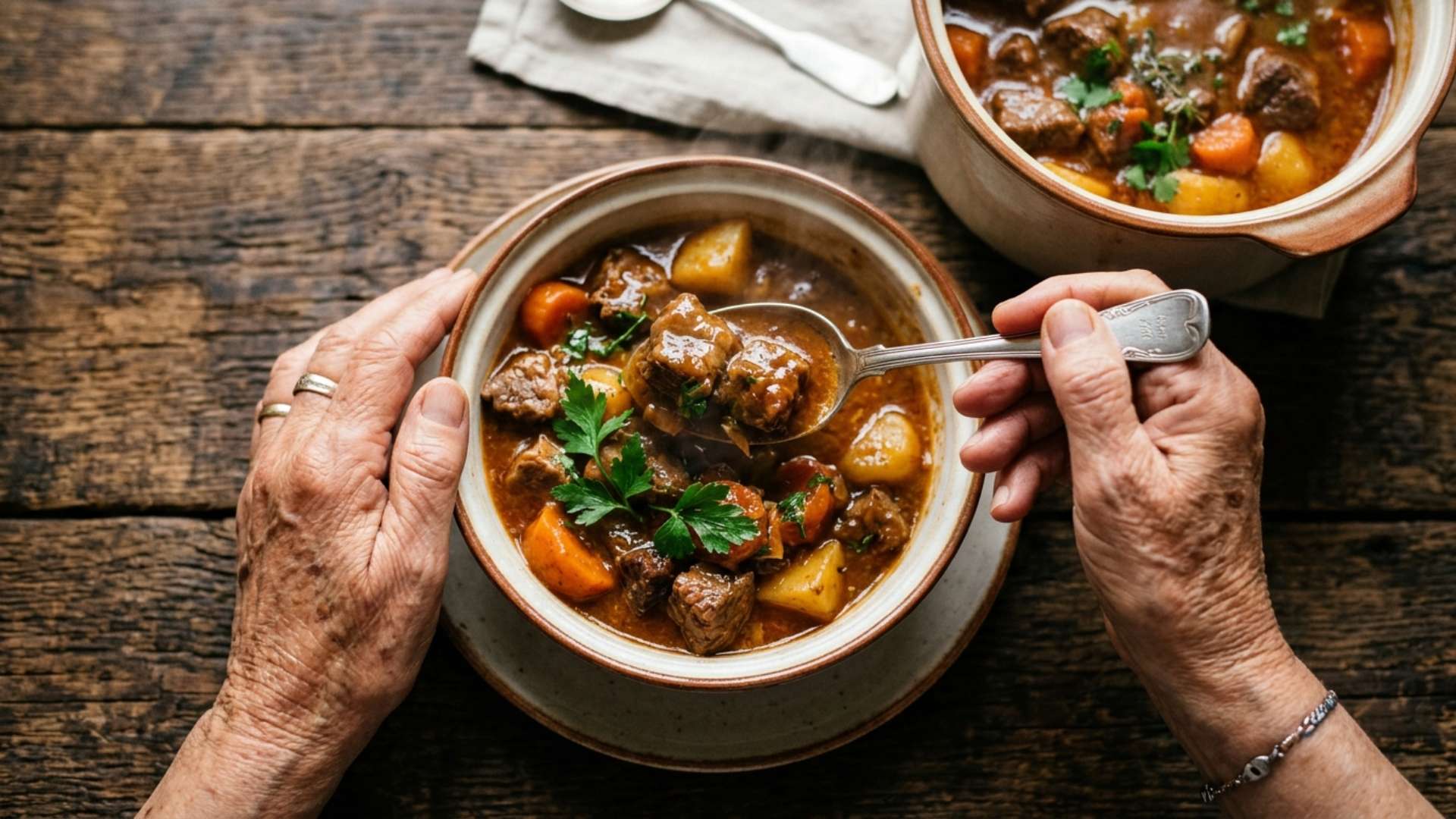 A grandmother's hands serving a homemade family dish at an old wooden table