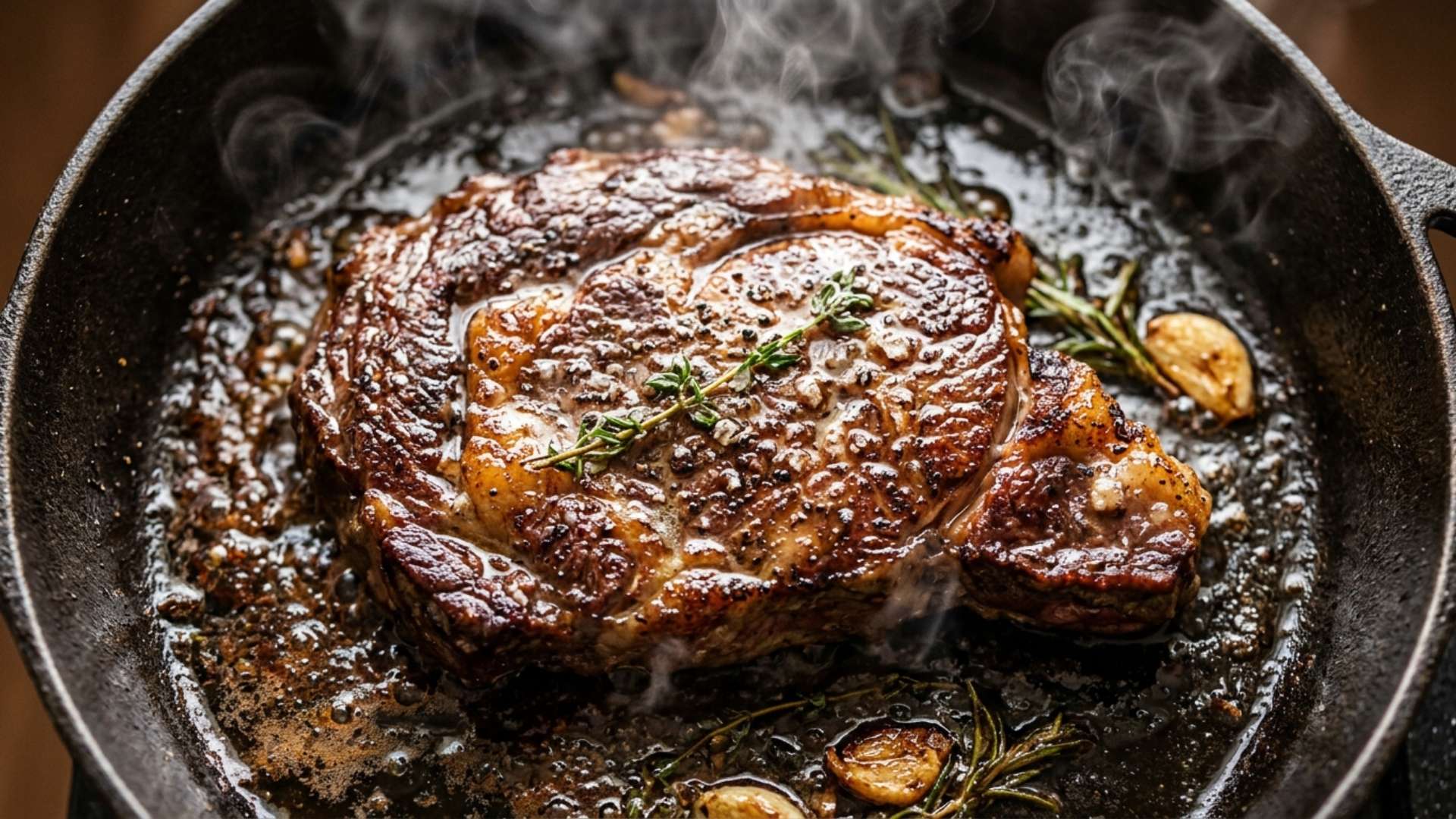 A juicy seared steak sizzling in a cast-iron pan with smoke and warm light