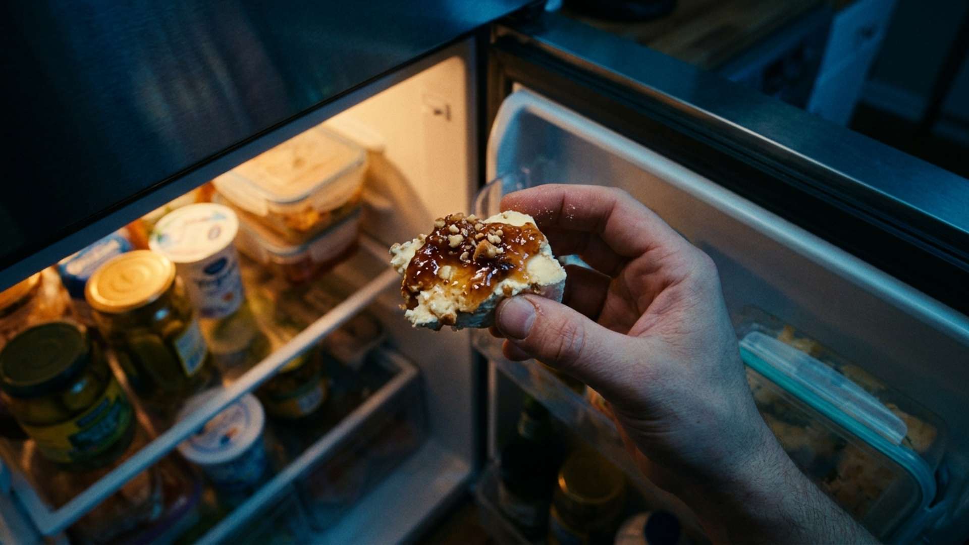 A kitchen at night lit only by an open fridge, a hand holding a snack