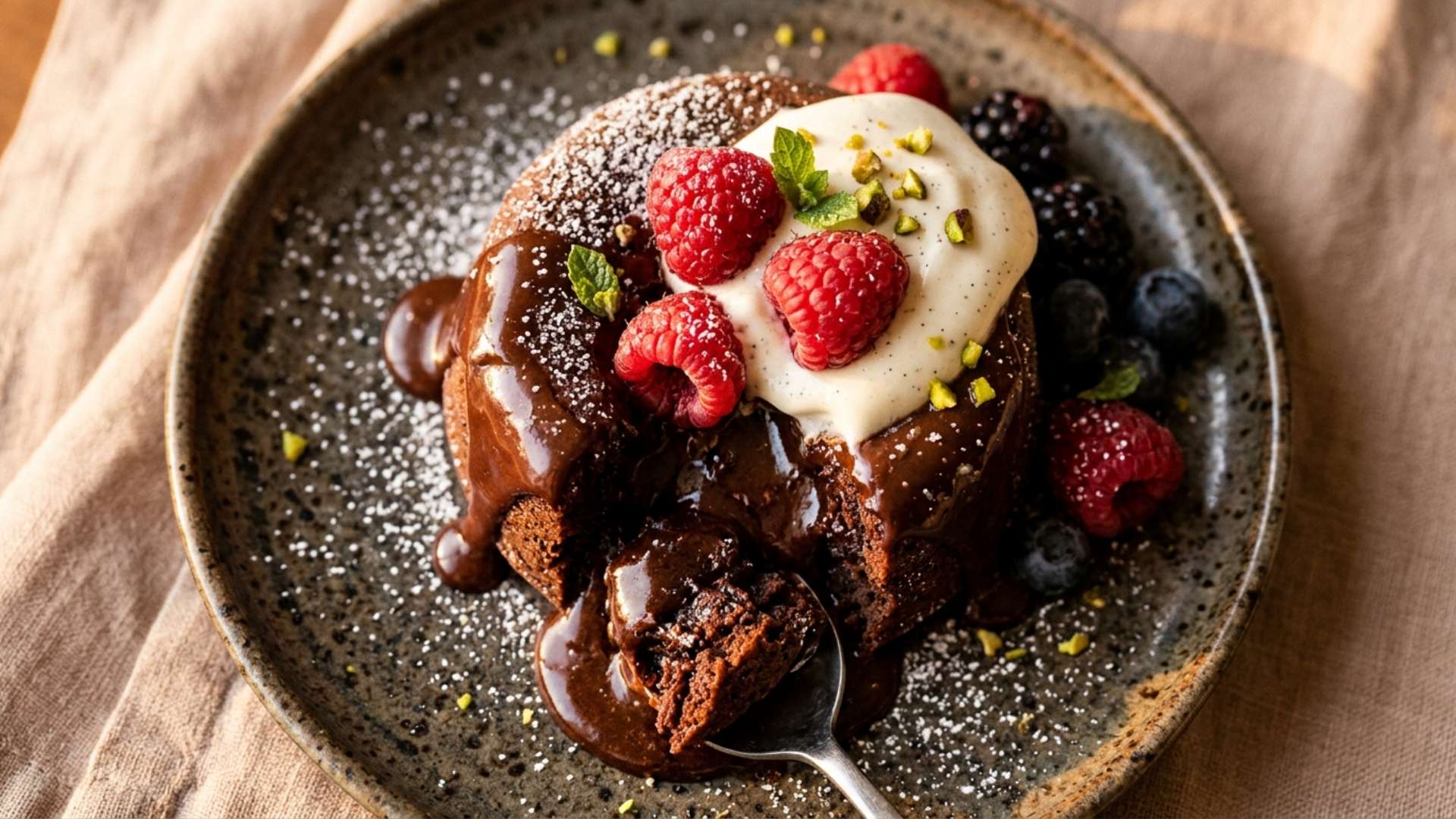 A small plate of dessert beside an empty dinner plate on a candlelit table