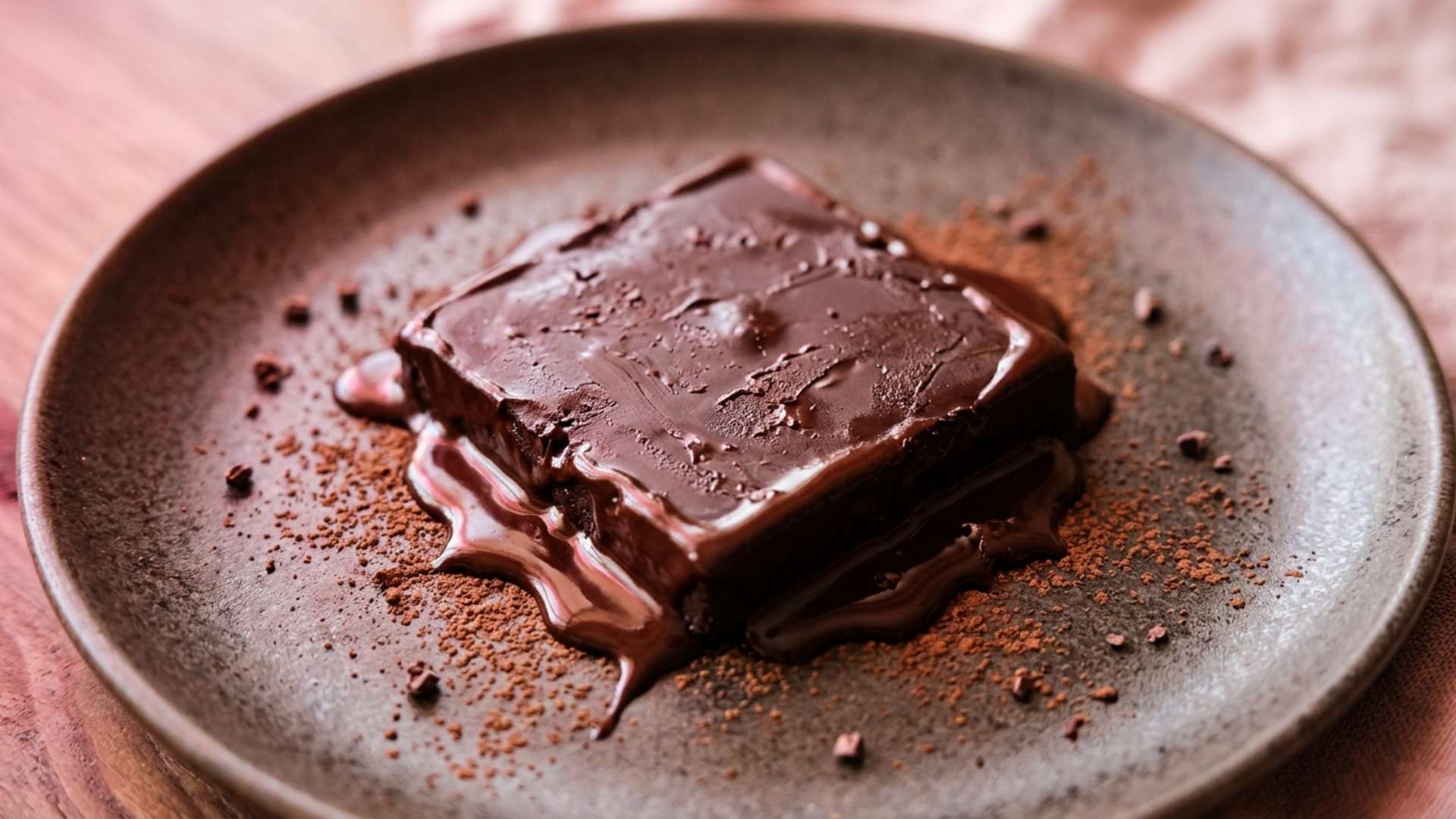A square of dark chocolate melting slightly on a warm ceramic plate with cocoa dust