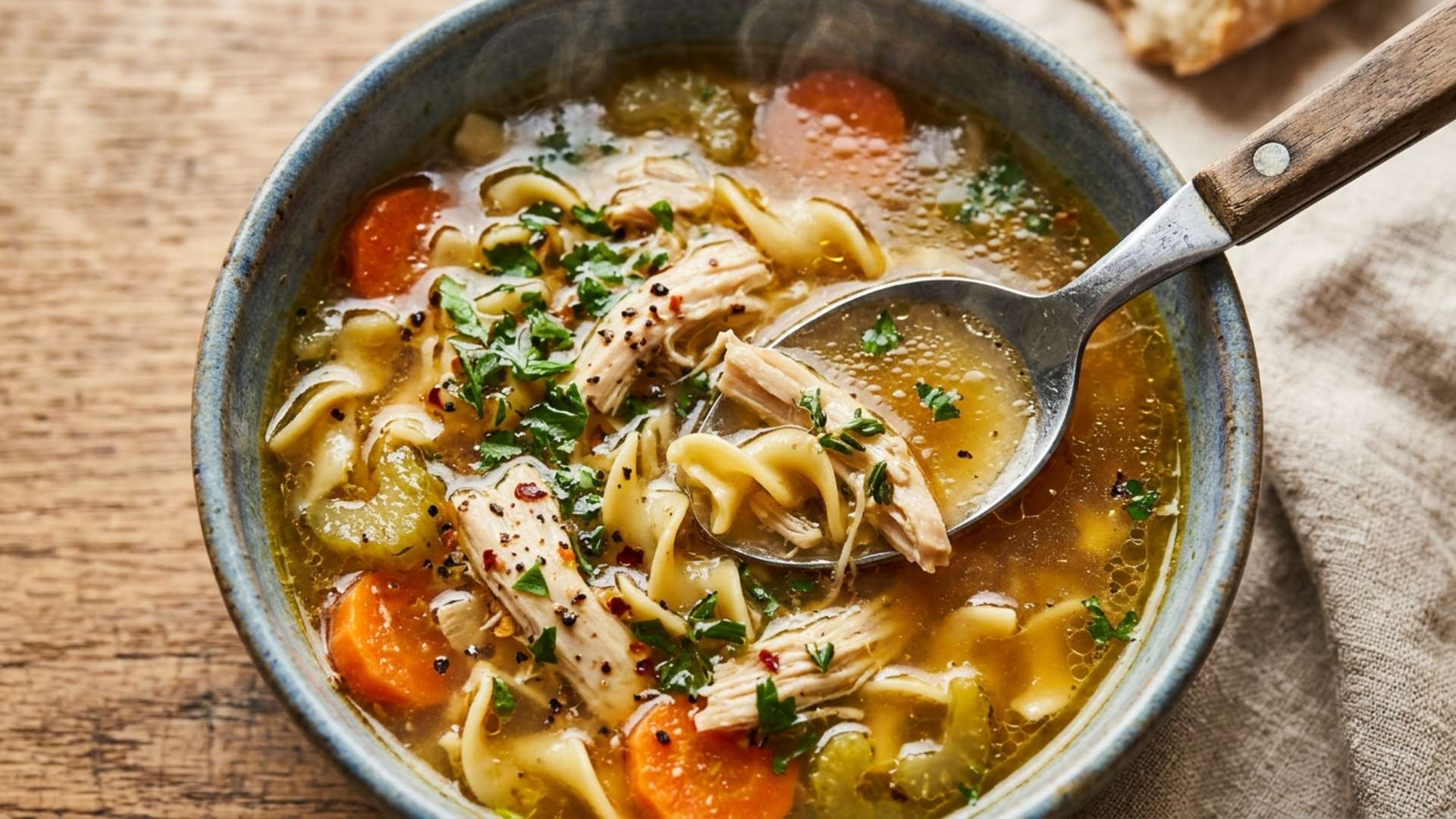 A steaming bowl of brothy soup with a spoon on a cozy table in autumn evening light