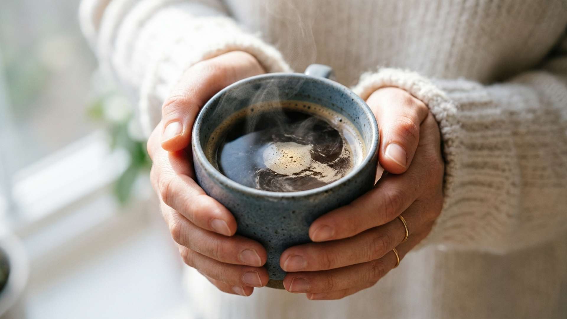 A steaming mug of coffee held in two hands by a window in morning light