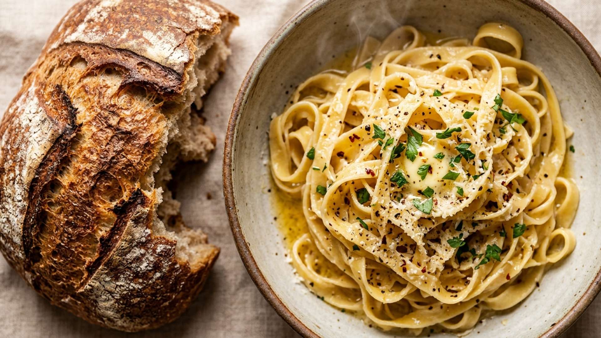 A torn loaf of crusty sourdough next to a steaming bowl of buttery pasta