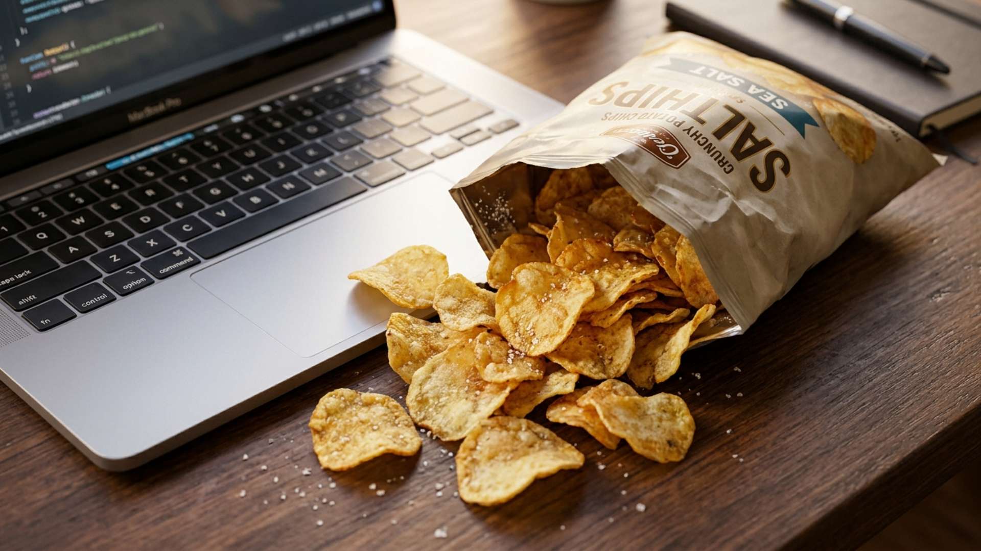 An open bag of salted potato chips spilling onto a desk beside a laptop