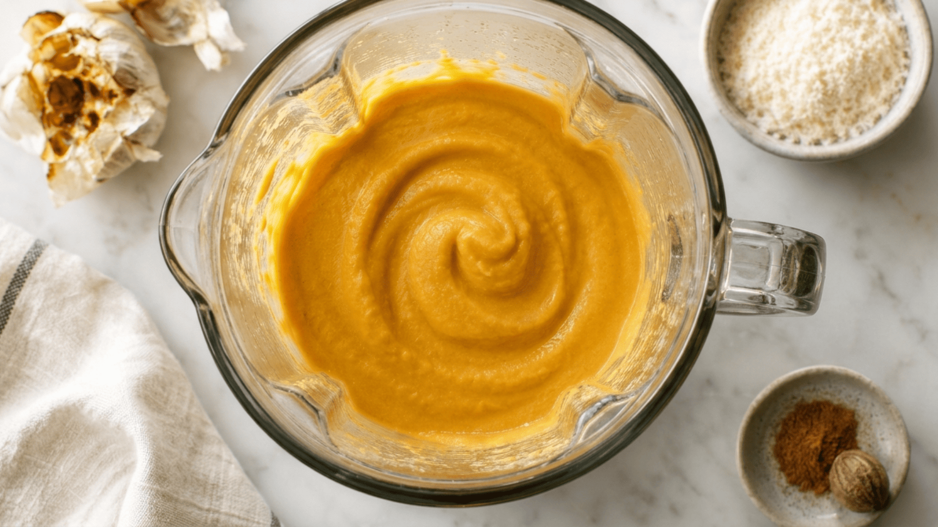 Smooth golden blended butternut squash pasta sauce in a blender jar