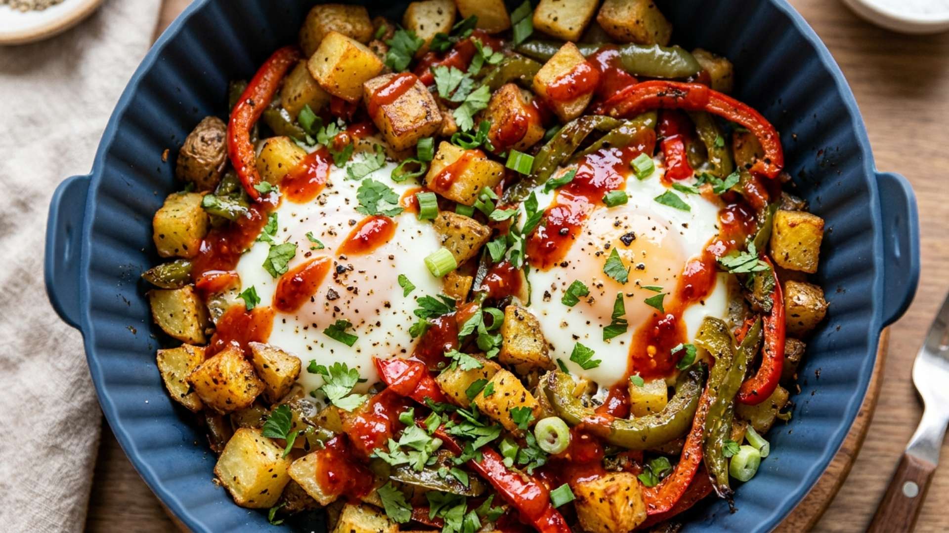 Breakfast-for-dinner hash with crispy potatoes, peppers and baked eggs