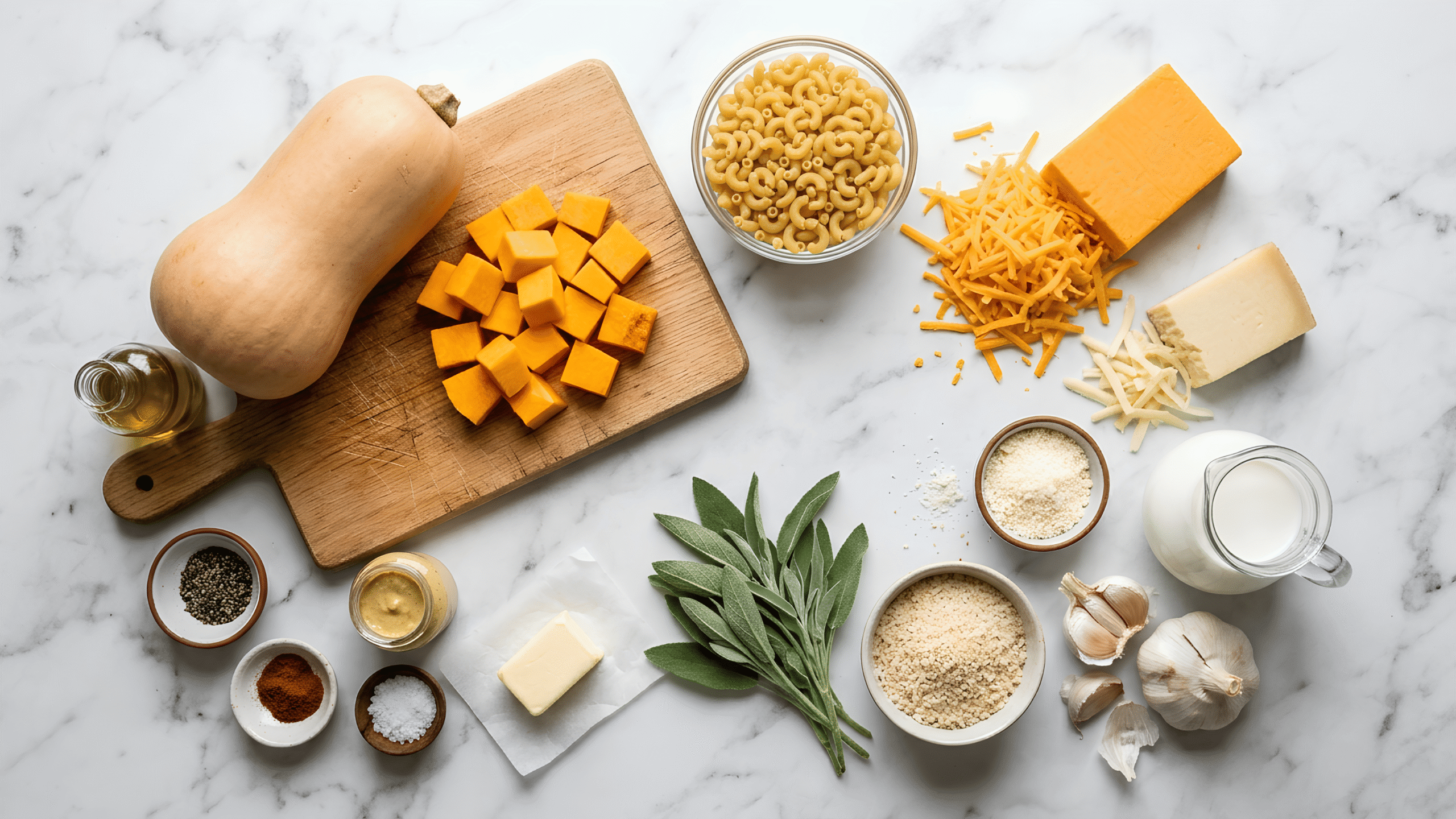 Ingredients for butternut squash mac and cheese laid out — butternut squash, elbow pasta, cheddar, gruyère, milk, garlic, panko and fresh sage