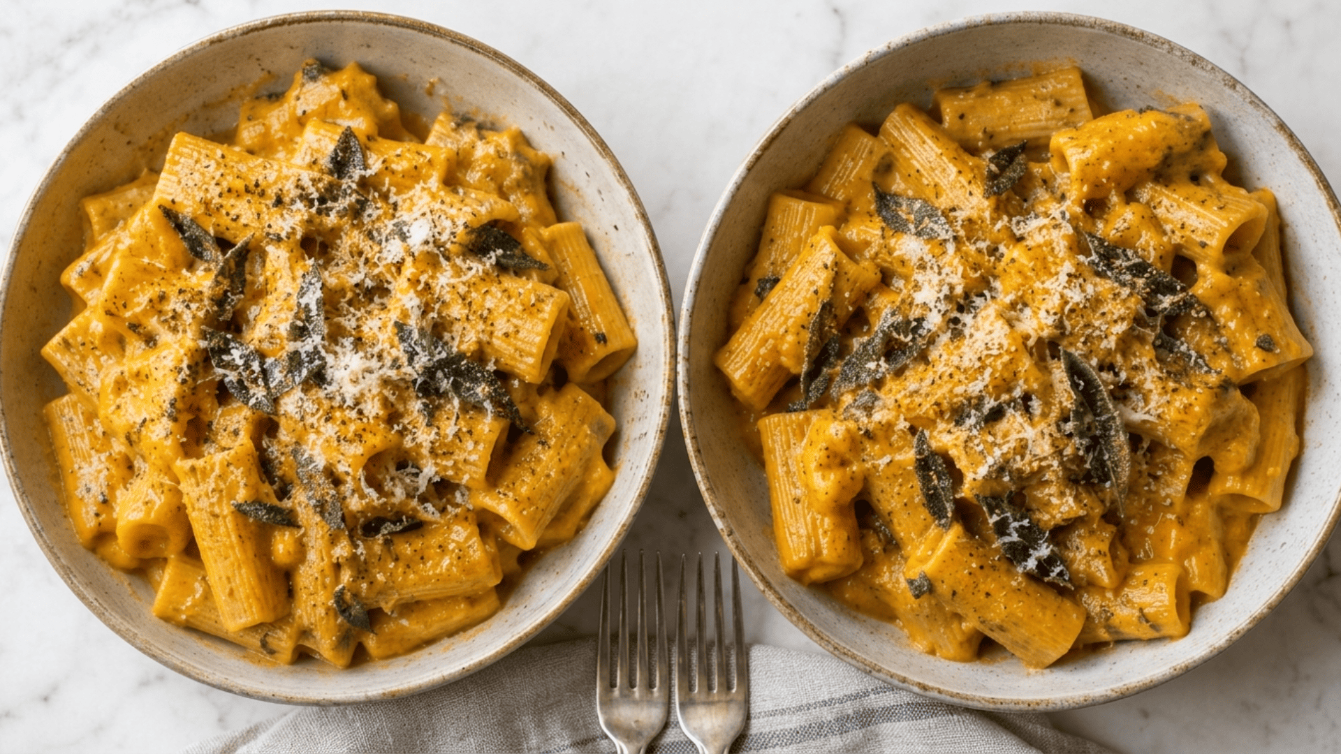 Bowls of creamy butternut squash pasta topped with crispy sage and parmesan
