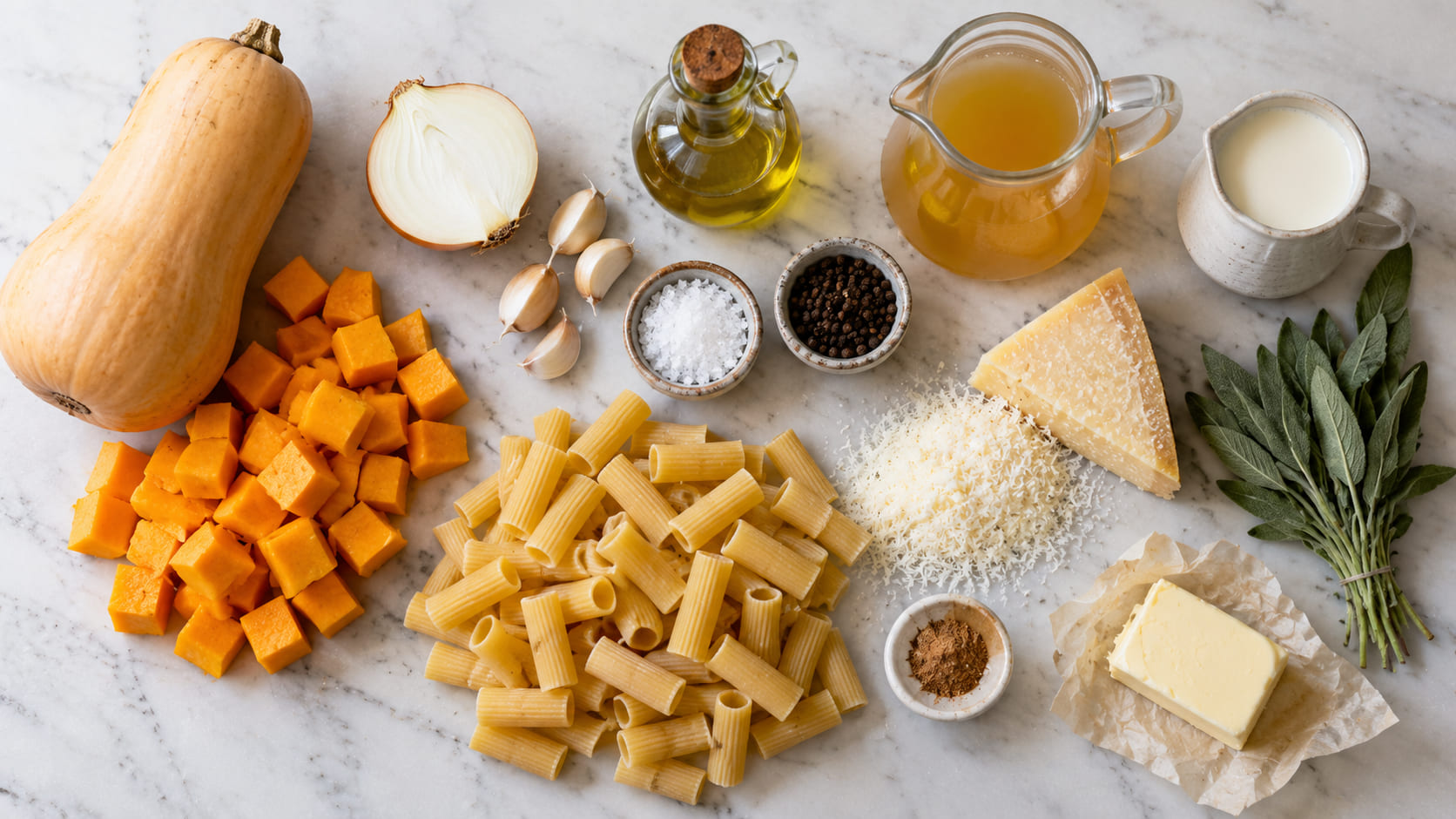 Butternut squash pasta ingredients laid out — whole squash, rigatoni, garlic, onion, fresh sage, parmesan, butter and cream
