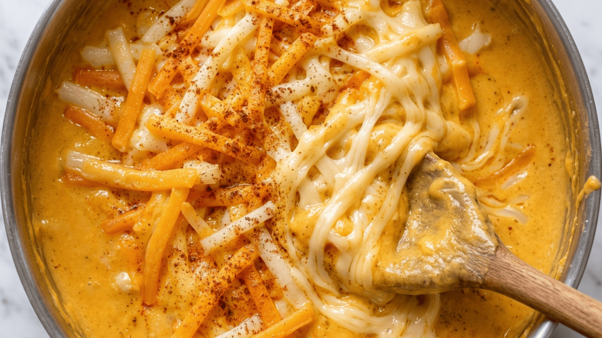 Shredded cheddar melting into golden butternut squash cheese sauce
