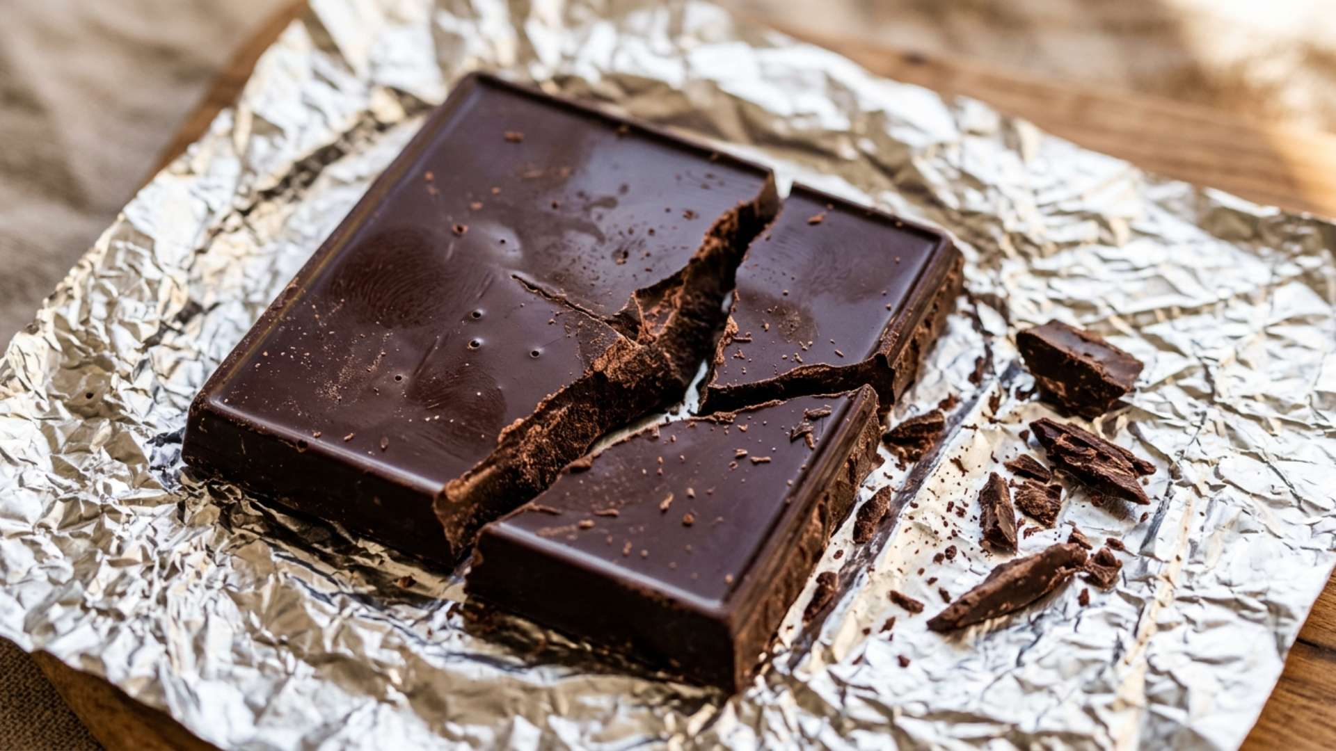Close-up of a cracked square of dark chocolate on crumpled foil