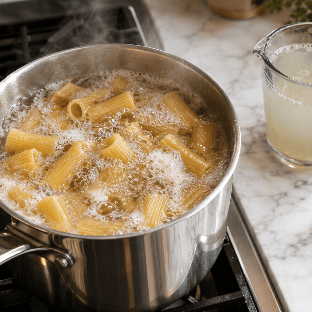 Rigatoni boiling in a large pot with a measuring cup of reserved pasta water set aside