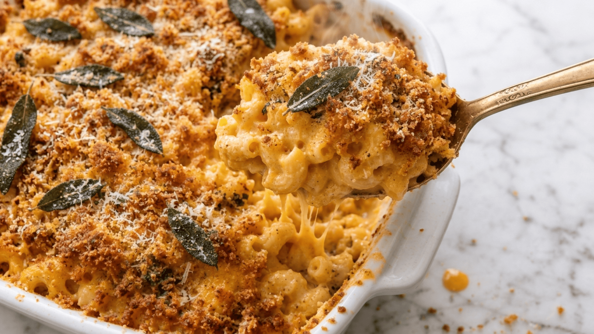 A creamy scoop of baked butternut squash mac and cheese lifted from the dish with a golden crispy top