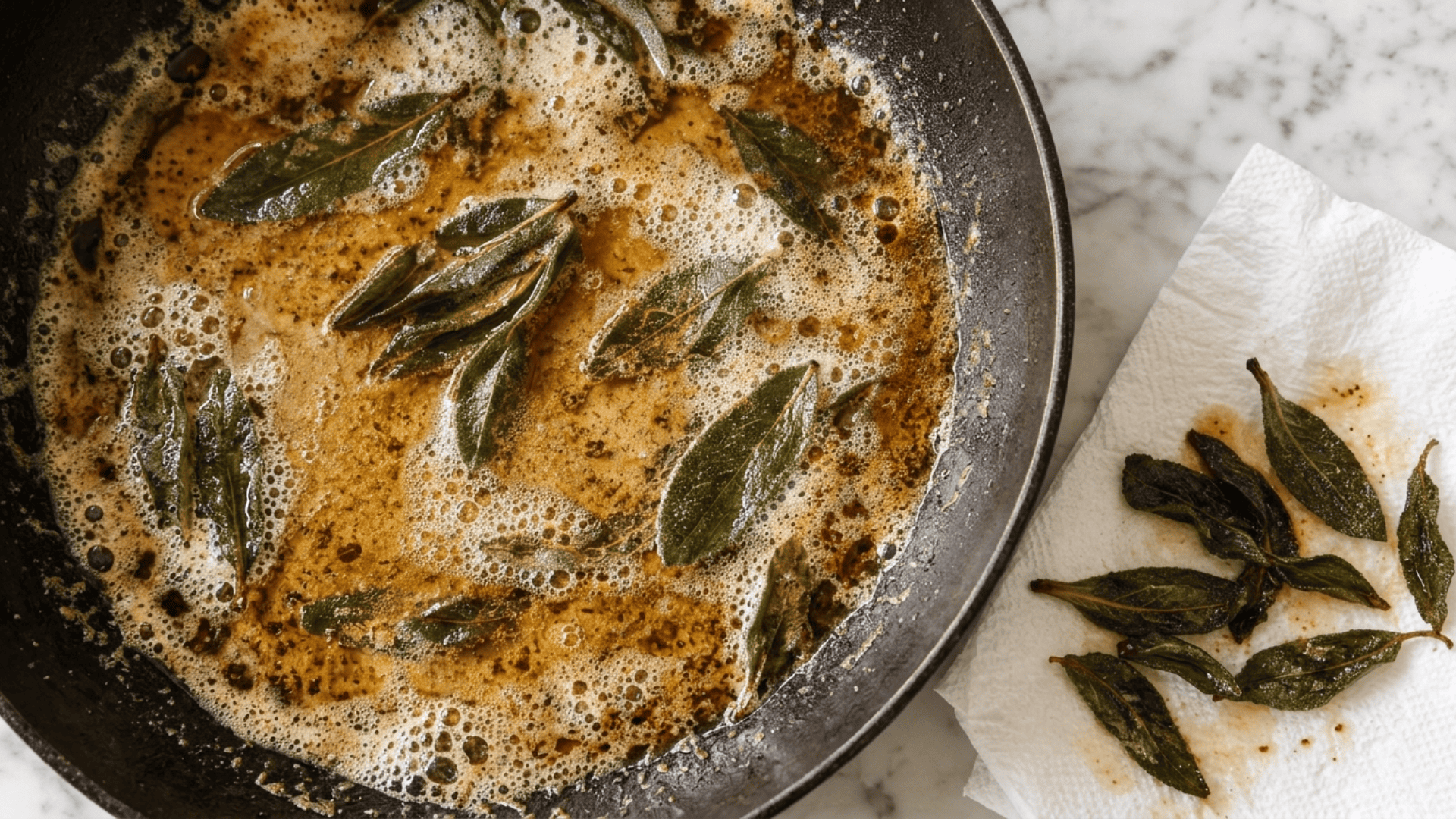 Fresh sage leaves crisping in golden brown butter in a skillet