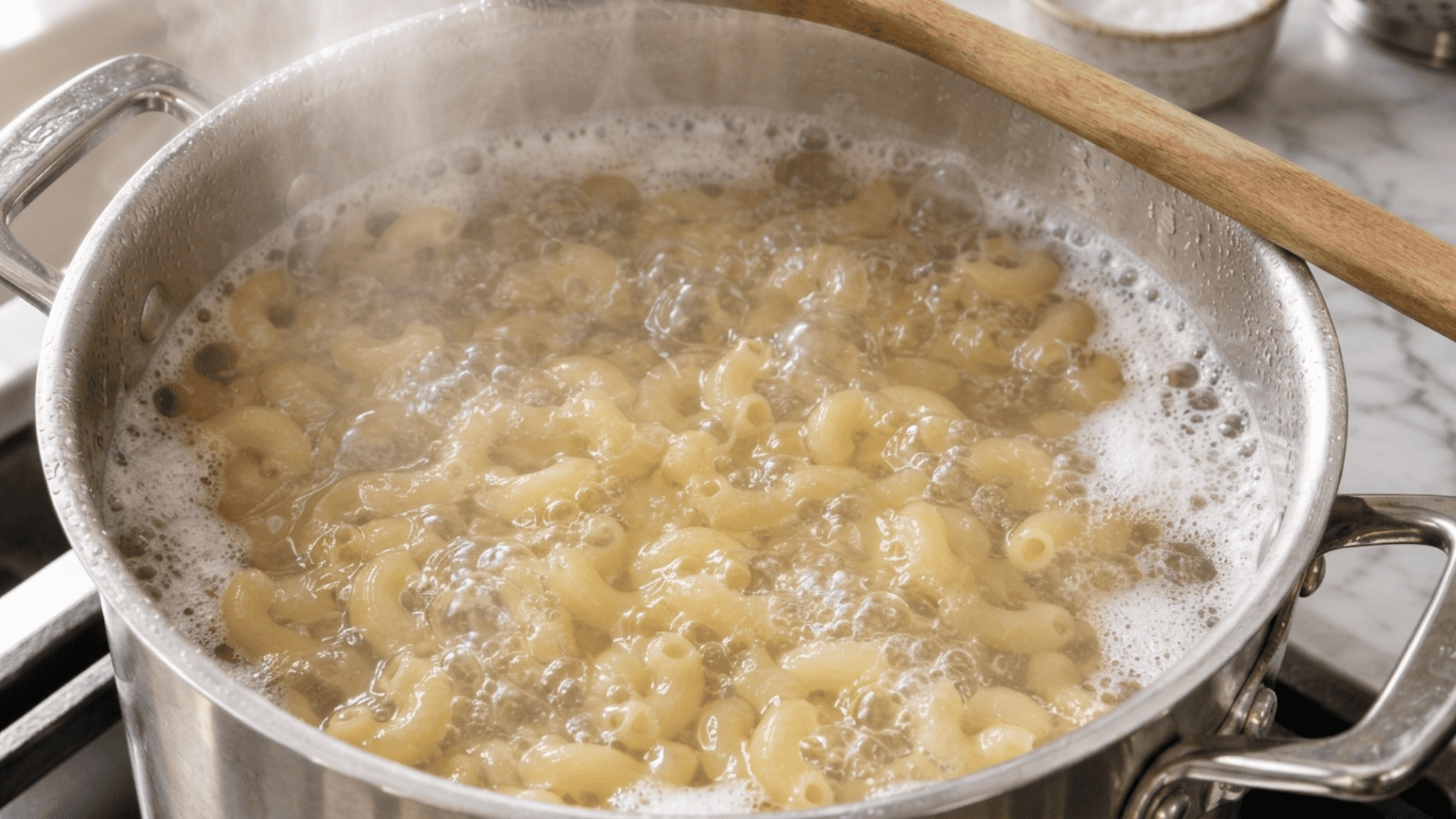 Elbow macaroni boiling in a pot of salted water