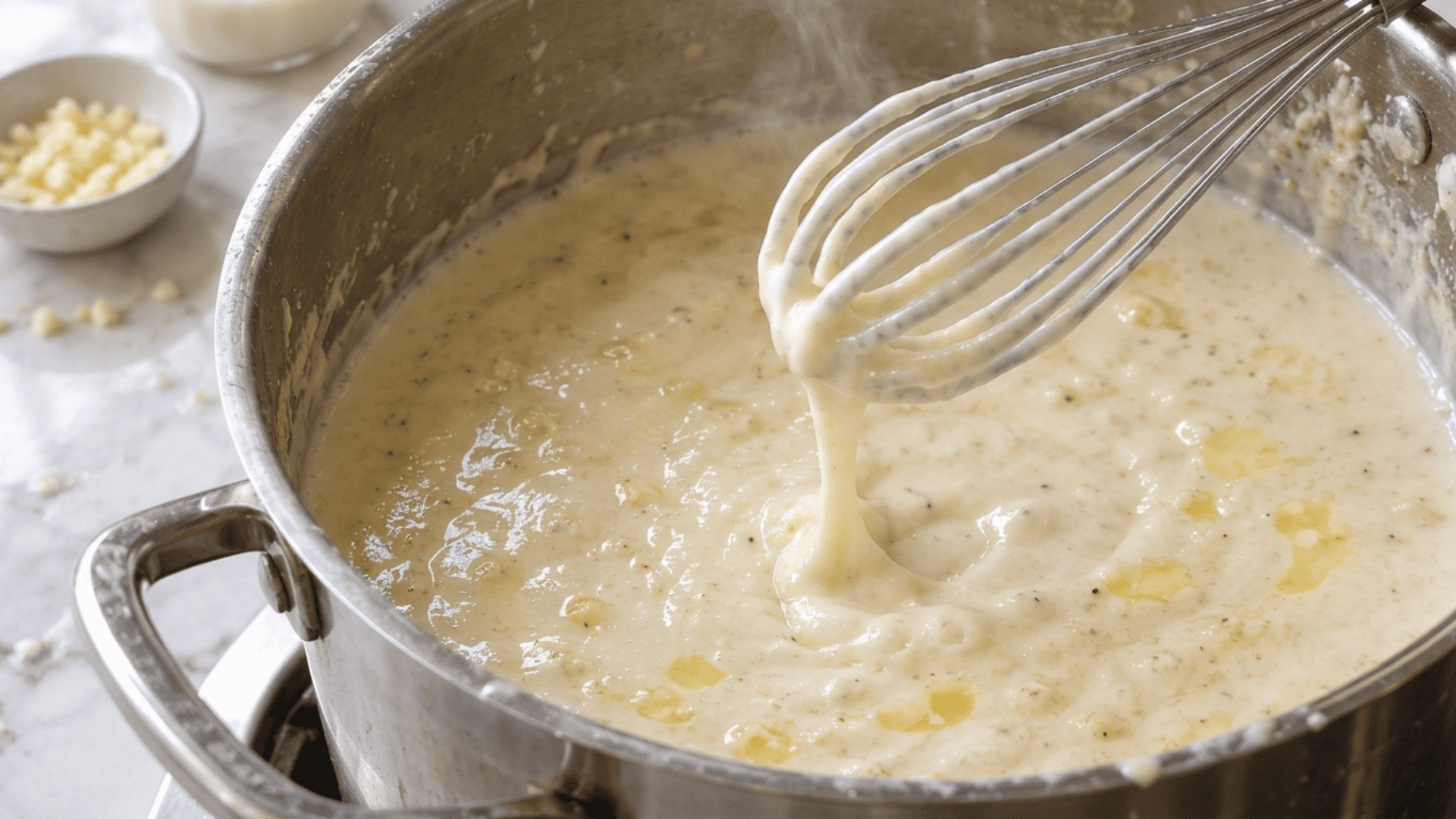 Whisking warm milk into butter, garlic and flour in a pot to make a creamy sauce base