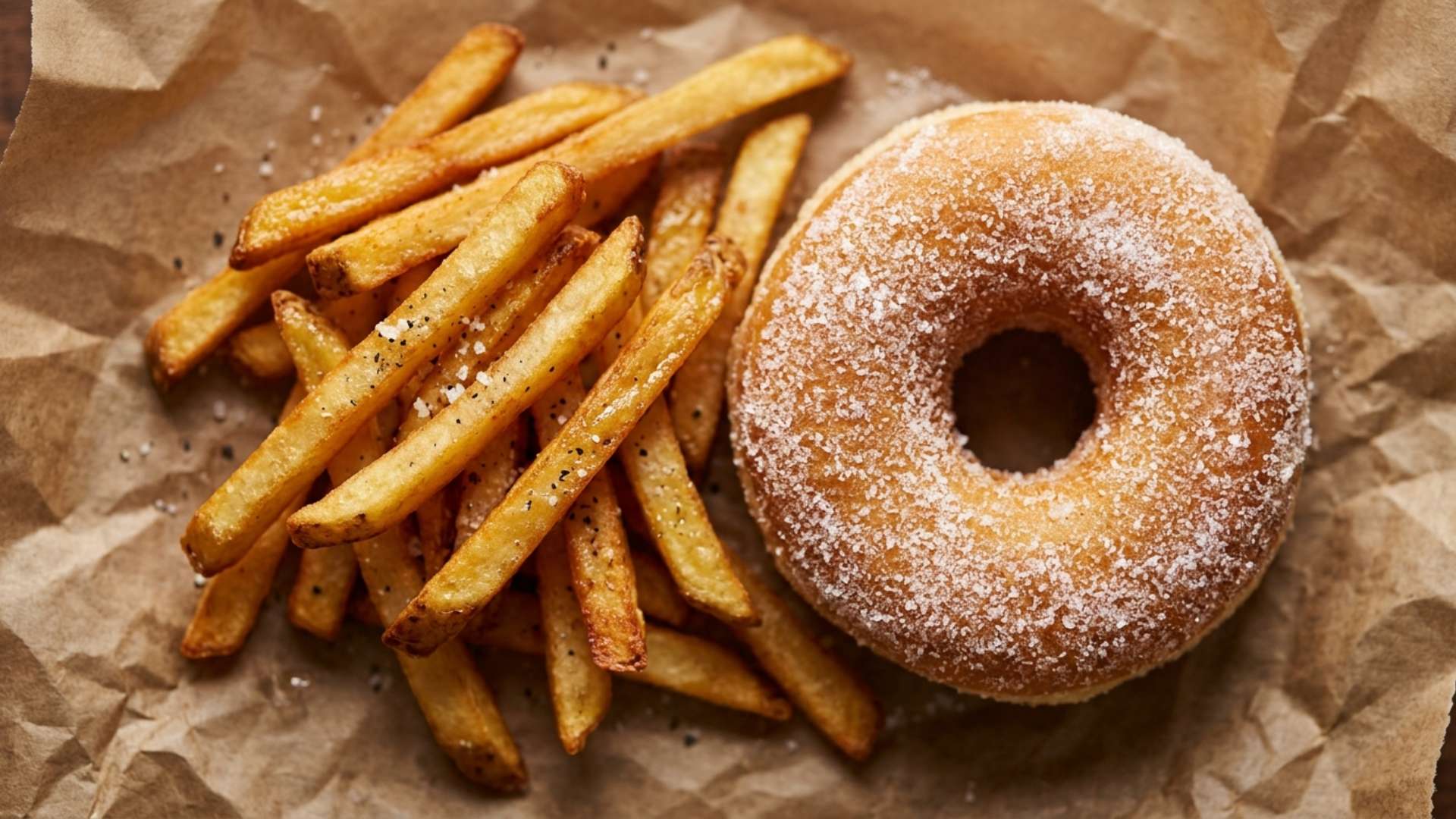 Golden fries and a sugar-dusted doughnut on brown paper in moody amber light