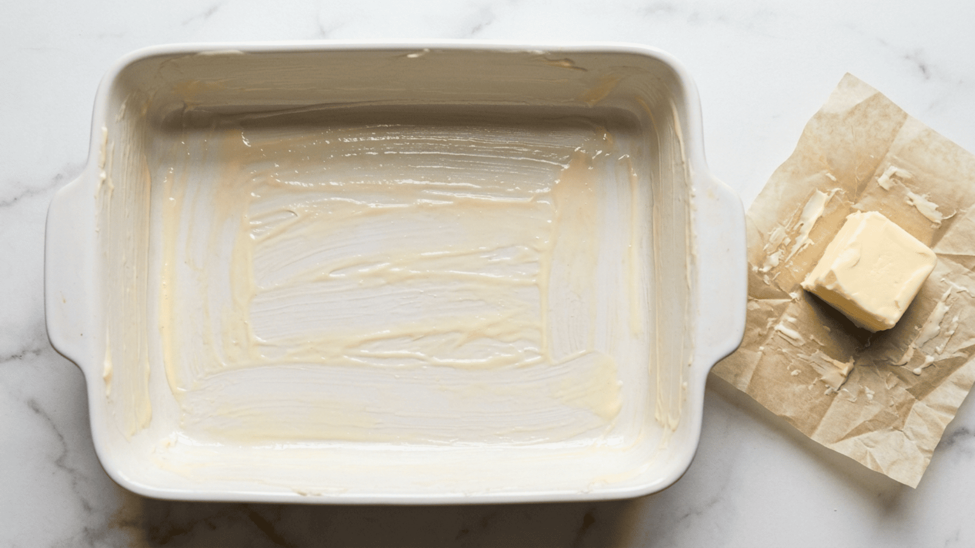 Greased 9x13 glass baking dish ready for pumpkin dump cake
