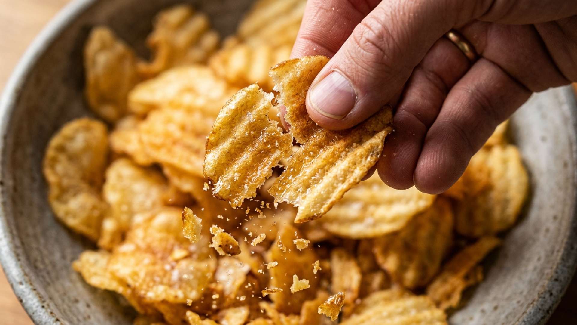 A hand crunching into a golden potato chip with crumbs scattering in warm amber light