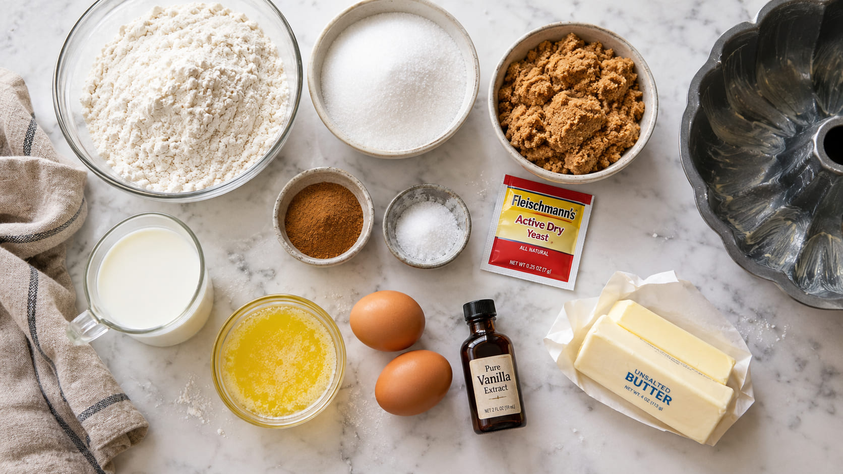 Monkey bread ingredients laid out — flour, milk, yeast, eggs, butter, brown sugar, granulated sugar and cinnamon