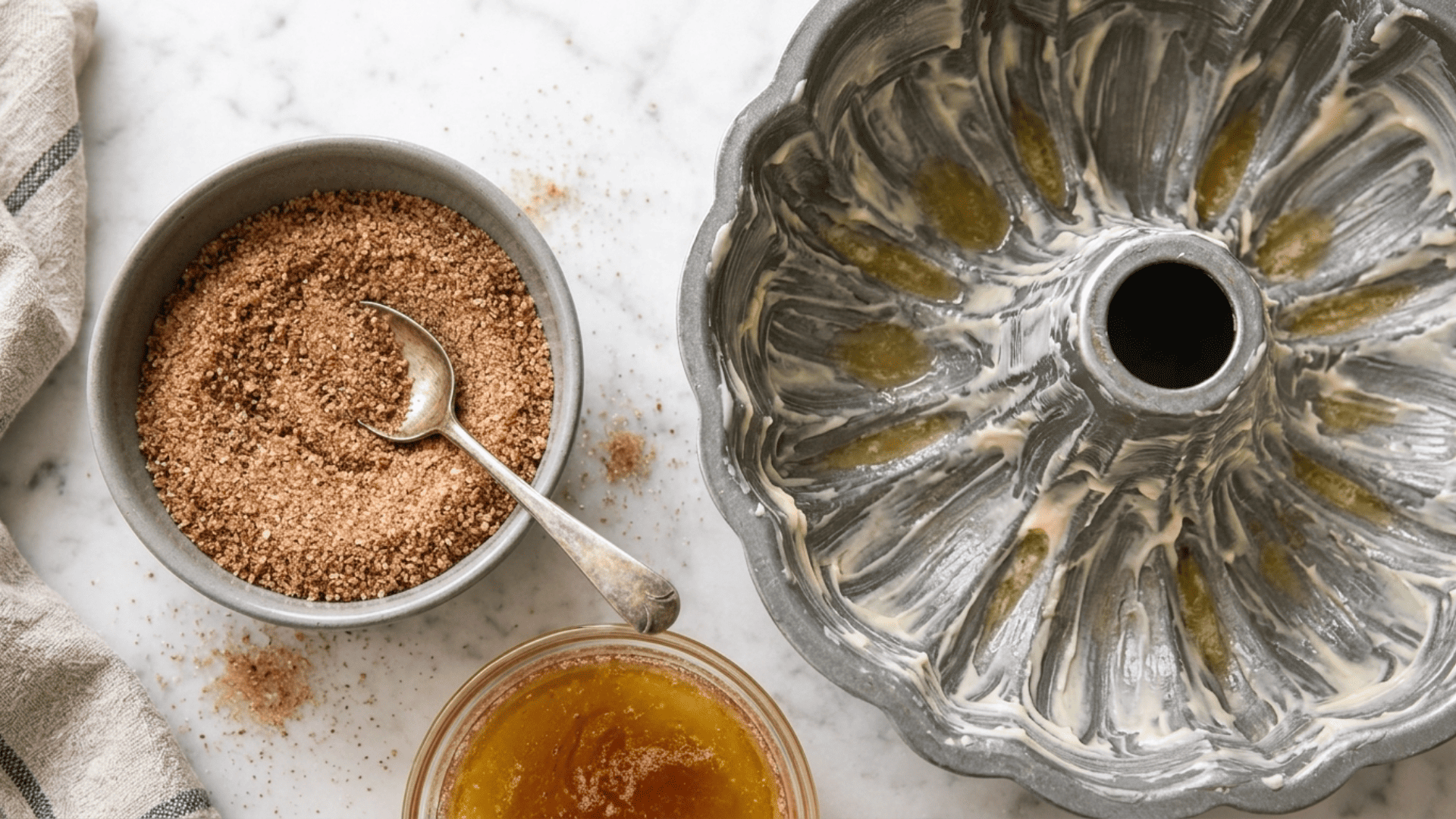 Greased bundt pan next to bowls of melted butter and cinnamon sugar