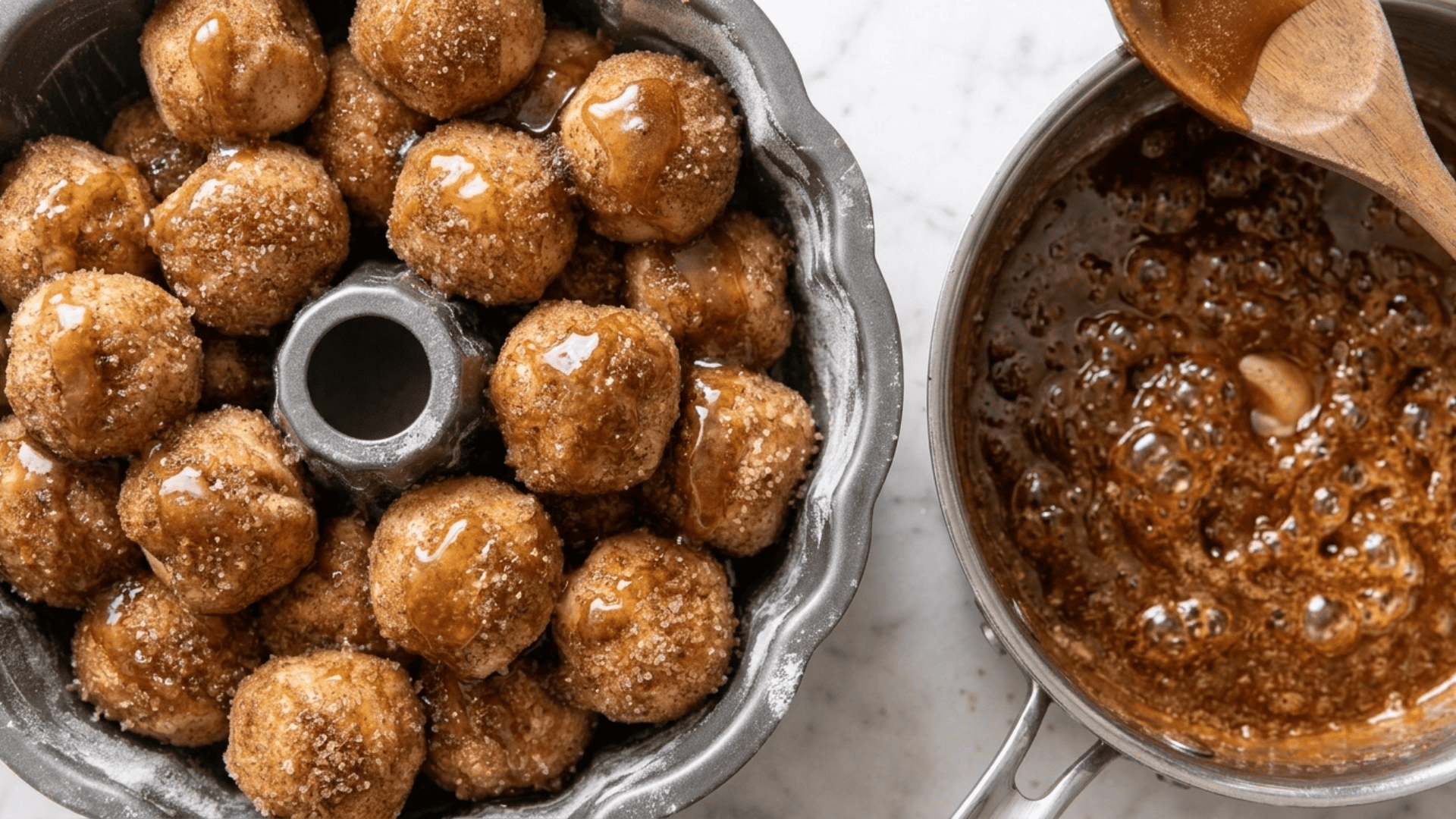 Brown sugar caramel sauce being poured over monkey bread dough in a bundt pan