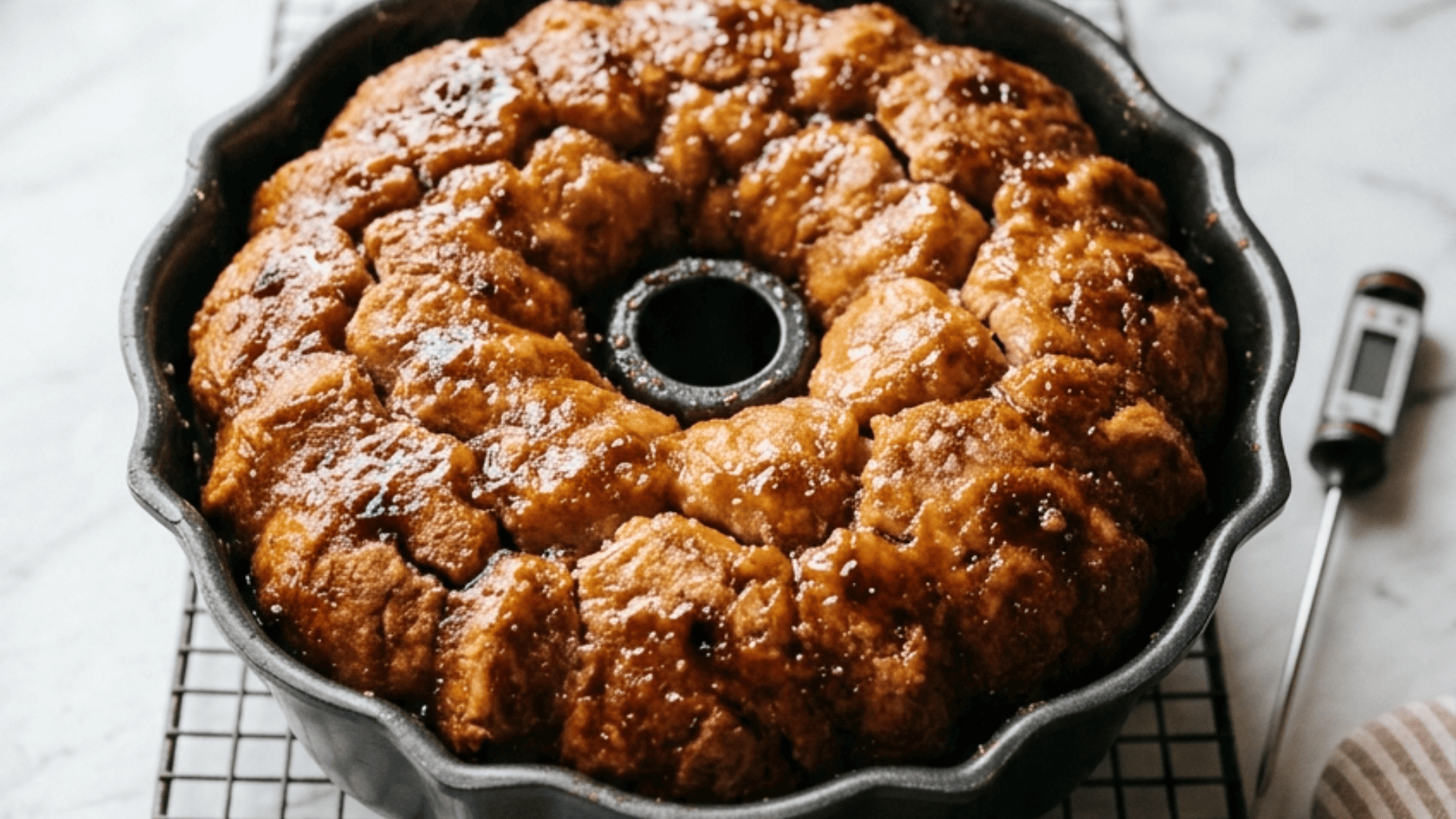 Golden baked monkey bread in the bundt pan fresh from the oven