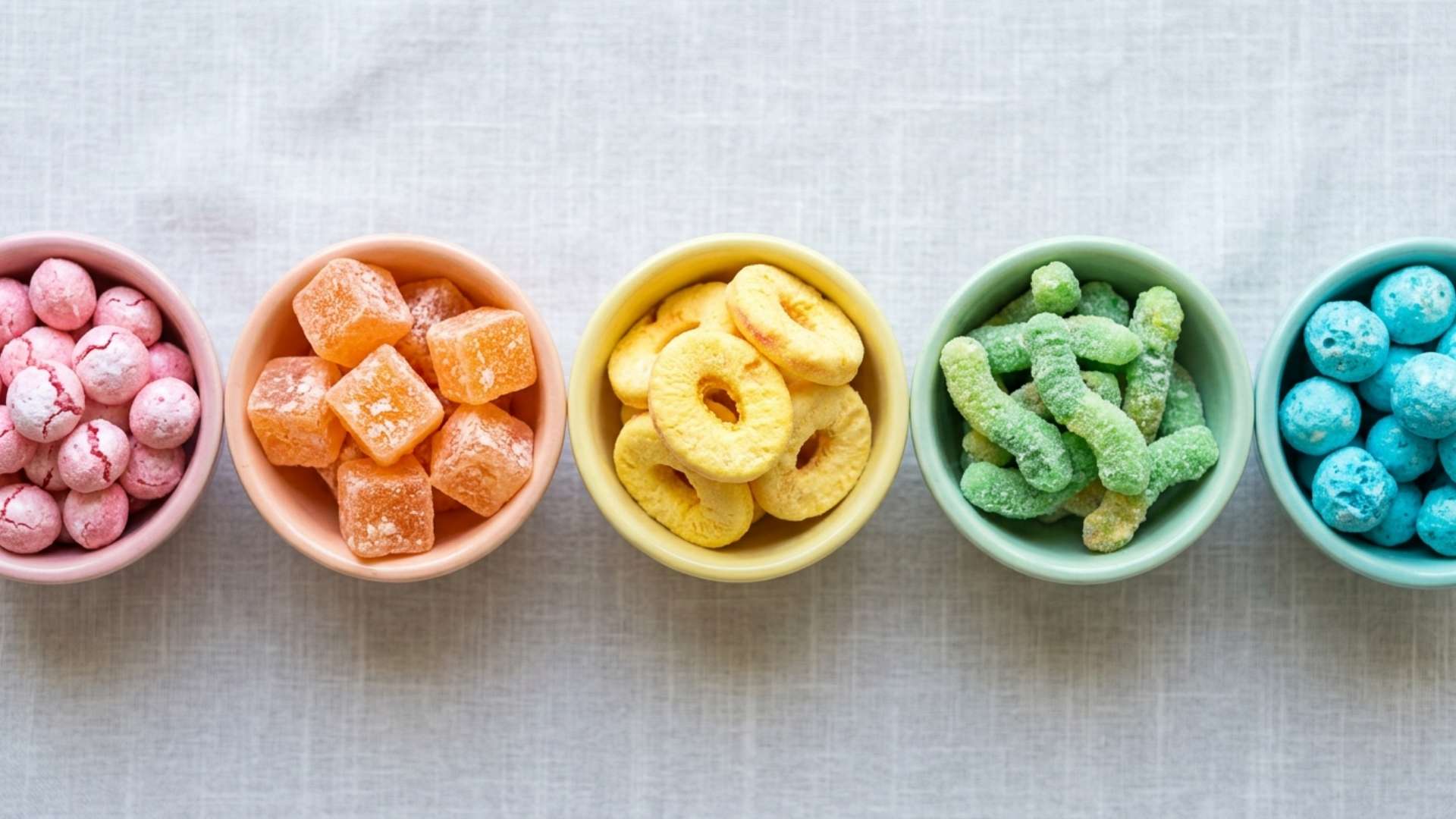 Overhead flat-lay of five small pastel bowls each holding a different freeze-dried candy style, arranged in a gradient from pink to teal