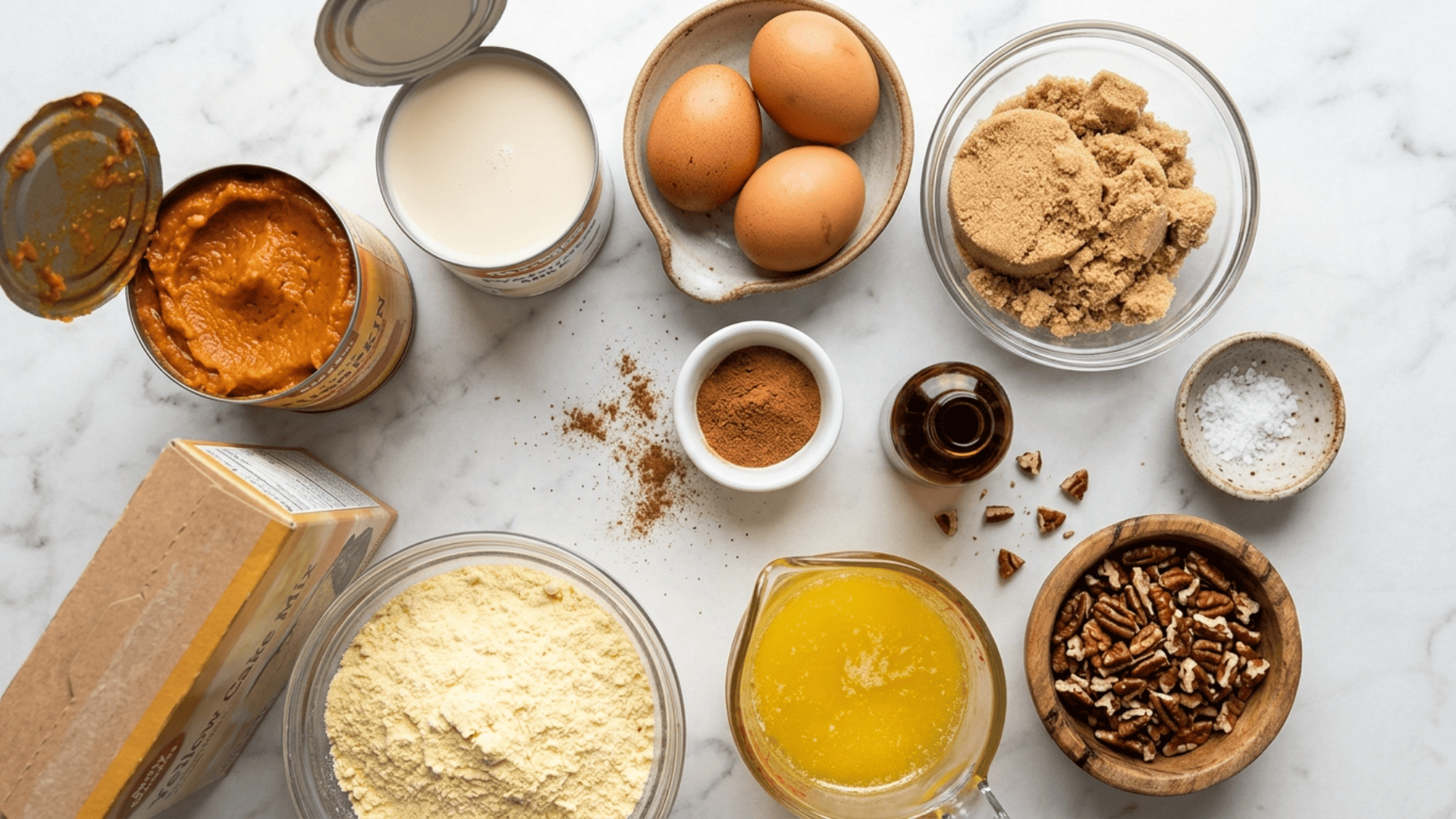 Pumpkin dump cake ingredients laid out — canned pumpkin puree, evaporated milk, eggs, brown sugar, pumpkin pie spice, a box of cake mix, butter and pecans