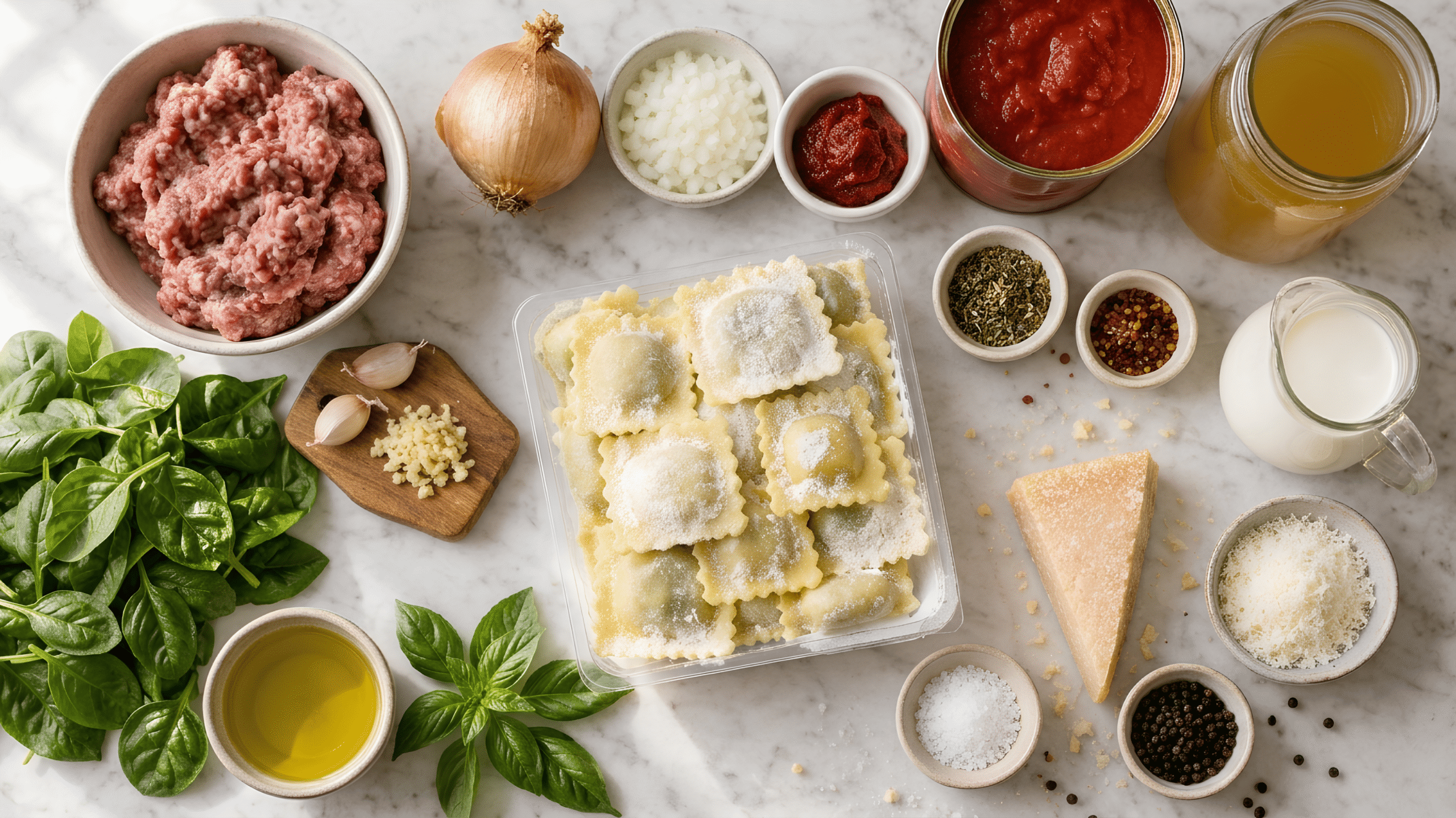 Ravioli soup ingredients laid out — cheese ravioli, Italian sausage, spinach, crushed tomatoes, broth, cream, parmesan, onion and garlic
