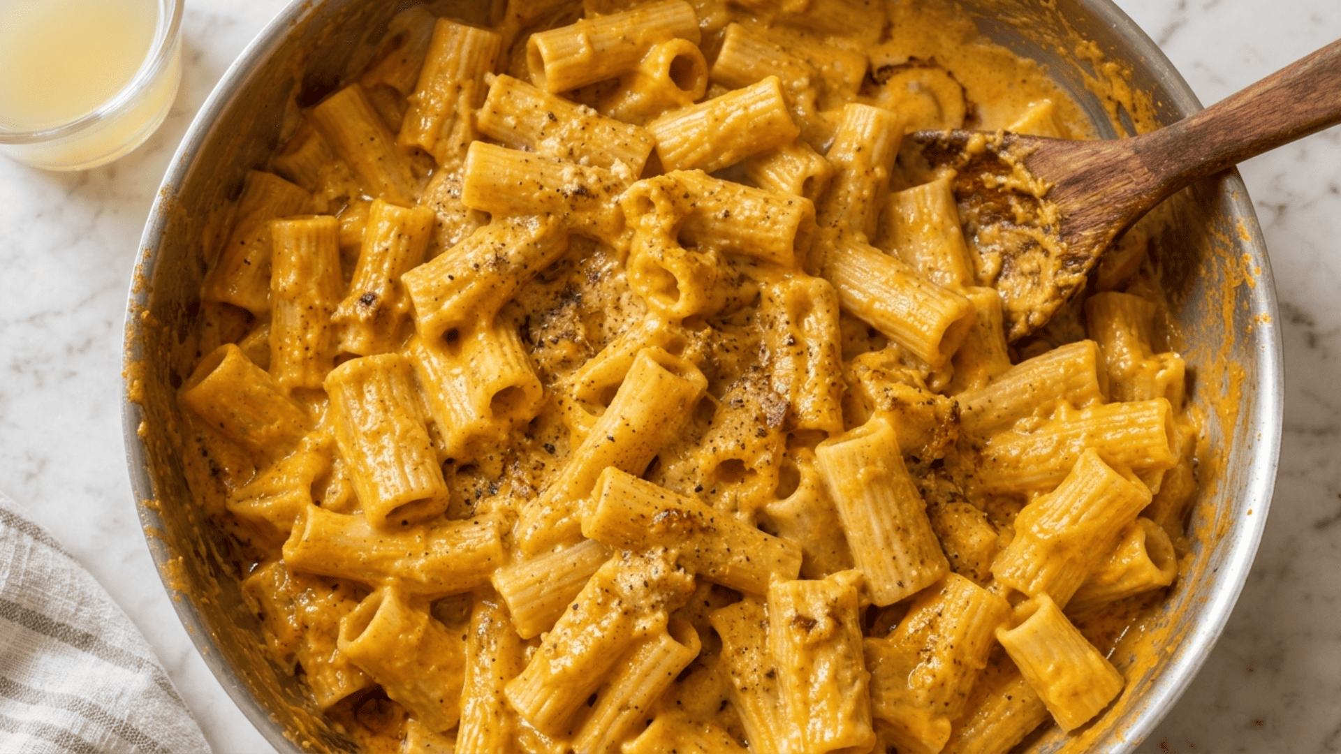 Rigatoni tossed in creamy butternut squash sauce in a skillet
