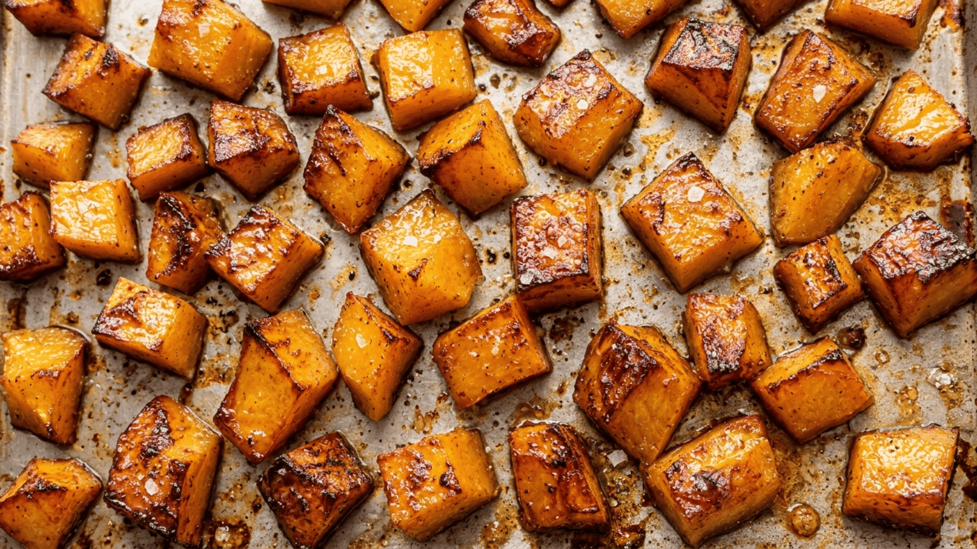 Cubed butternut squash roasted on a sheet pan until soft and lightly caramelized