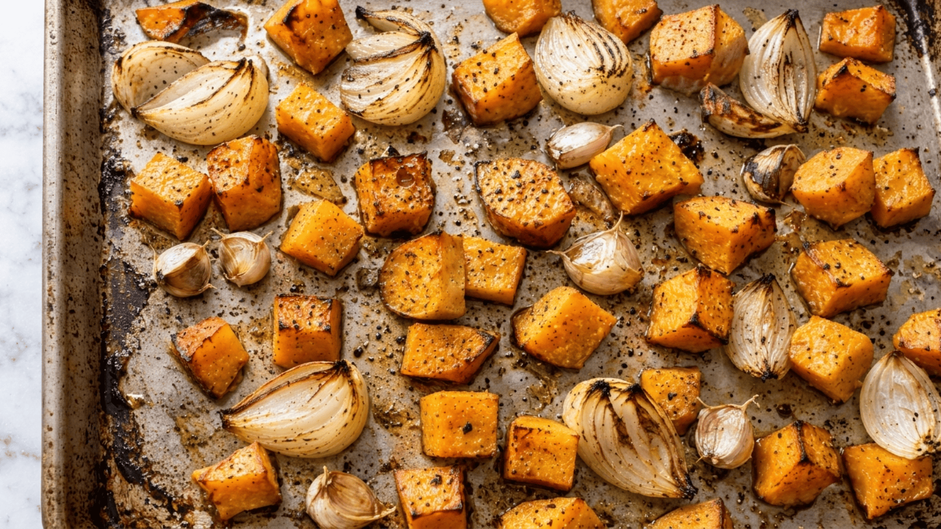 Roasted butternut squash cubes, onion and garlic cloves on a sheet pan, golden and caramelized