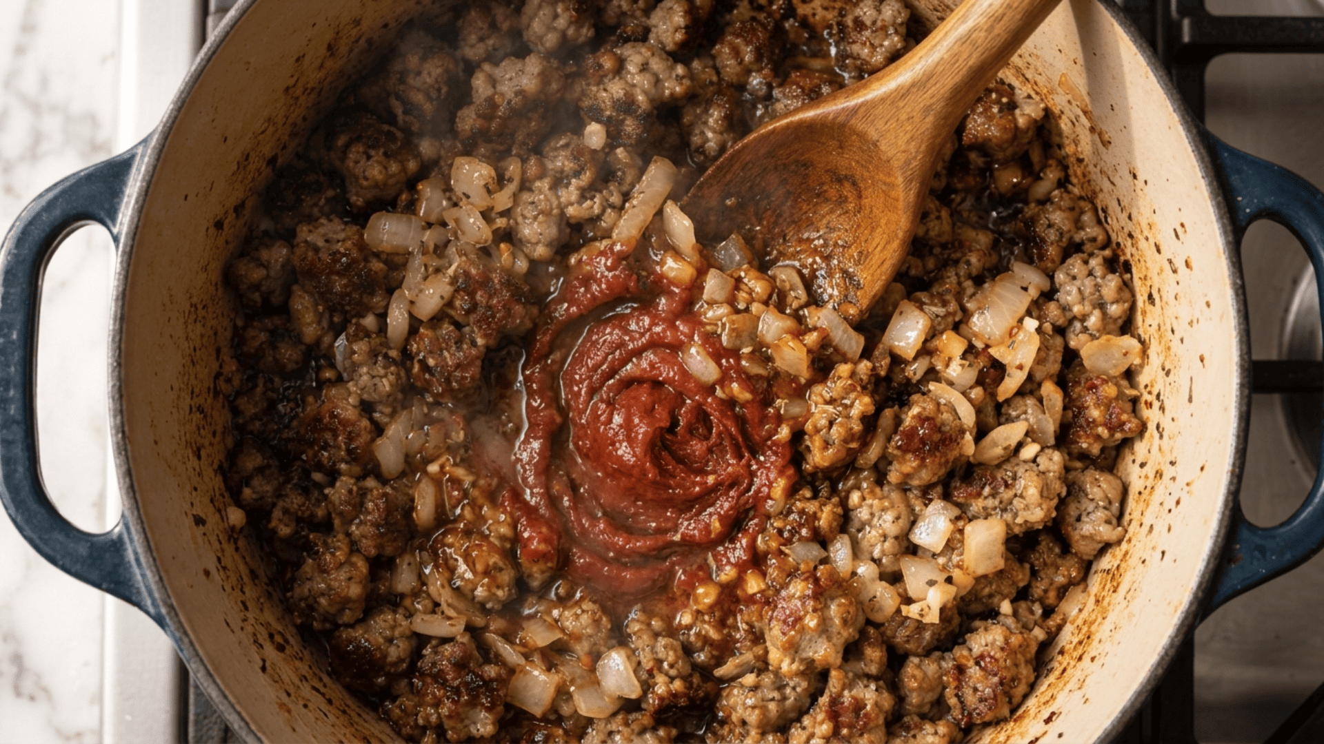 Diced onion, garlic and tomato paste cooking with browned sausage in a pot